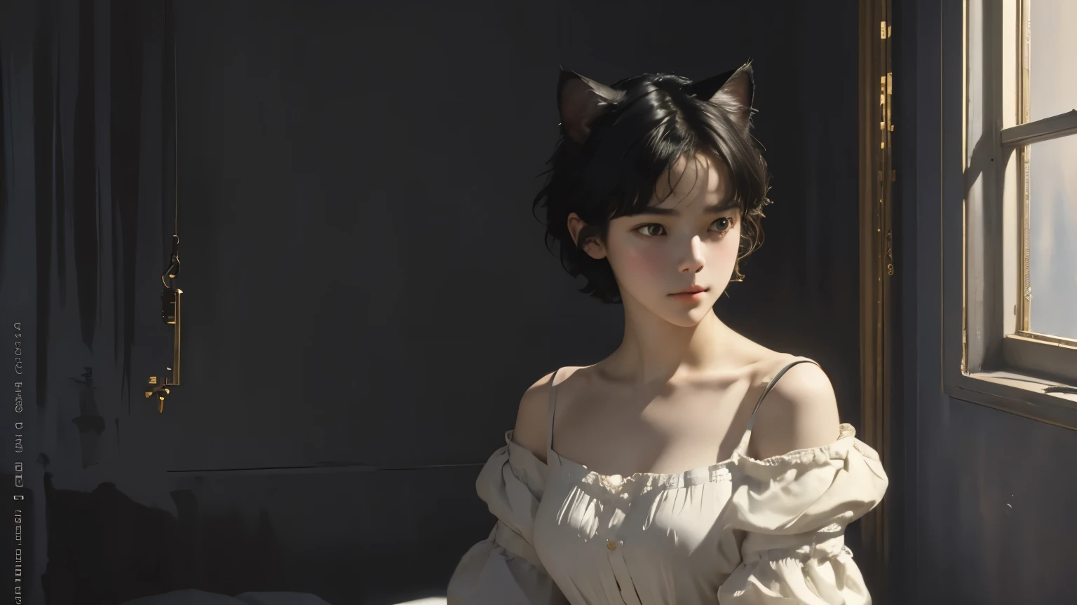 (Sargent-style watercolor)、(highest quality、masterpiece)、(Realistic:1.5), RAW Photos, (Shabby attic)、(1 girl, Off the shoulder,Cat ear、short hair、whole body、Crouched down in a corner of an empty room)、 In the Dark, Deep Shadow, secret key, Cold Light, dim、lamp、(Simple Background)、((Black Background))、