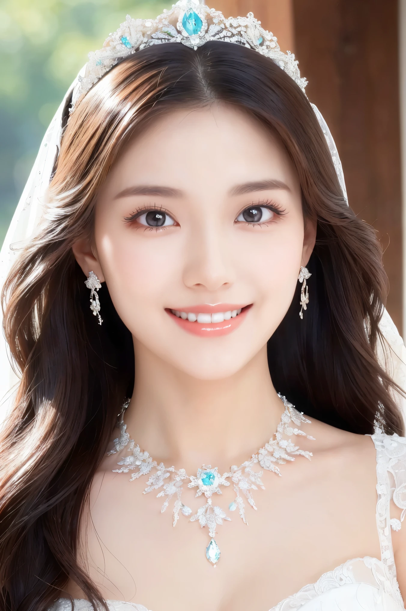 (highest quality、Tabletop、8k、Best image quality、Award-winning works)、One beautiful bride、(alone:1.1)、(The most extravagant and gorgeous huge wedding dresses:1.1)、(Perfect Wedding Lace:1.2)、(The most extravagant and luxurious giant tiara:1.1)、(The most extravagant and luxurious giant necklace:1.1)、The most beautiful smile is looking at me、A wide selection of the finest jewellery、(Bridal upper body photo:1.1)、Perfect Makeup、Long eyelashes、Ultra HD Shining Eyes、Ultra HD Hair、Ultra High Resolution Glossy Lips、Ultra High Resolution Perfect Teeth、Beautiful face in ultra-high definition、(Accurate anatomy:1.1)、(Very bright and beautiful skin:1.2)、(very bright and vivid:1.2)、(Blurred fresh natural background:1.1)