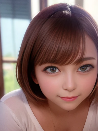 highest quality, Ultra-high resolution, (Realistic: 1.4), beautiful Eyes, Super beautiful, Very short hair, beautiful, spouse, Rough Chest T-shirt, beautiful Soldier, Eyes that beckon, spouseの視点, Attractive look, Sexy smile, Perfect Style, Perfect balance, Detailed skin, Mischievous Gaze, I can see your chest