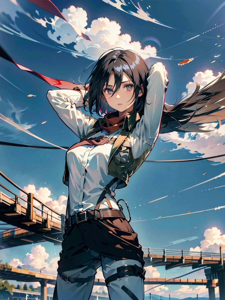 20-year-old woman、Black-haired頭髪、ベリーshort hair、Dark Theme、Calm colors調、Calm colors、High contrast、(Natural skin texture、Hyperrealism、Soft Light、sharp)、AOT Style、Attack on Titan、Mikasa Ackerman、1 girl、3D Maneuvering Device、Arm strap、Bans、Black-haired、Black trousers、Proudly、Cowboy Shot、embers、Veld-Eyed-Air、Hair between the eyes、Harness、Long sleeve、View your viewerid-breasted、pants、red scarf、scarf、shirt、short hair、cigarette、solo、Thigh straps、Brown jacket、白のshirt、Research team\(Symbolism\)、((masterpiece))、highest quality、Combat Ready, Sky Sky, middle,((Sturdy body. Thick legs)) dynamic
