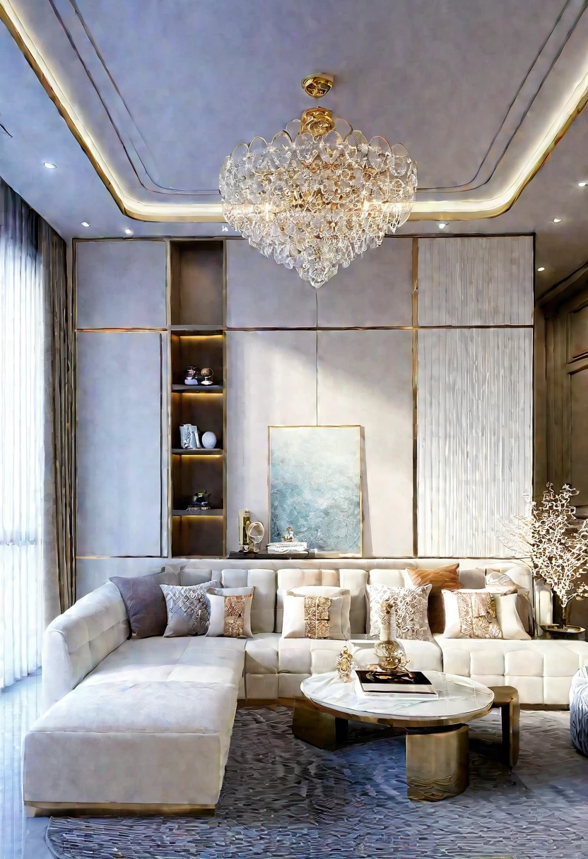 ,Masterpiece, Best quality,8K, Ultra-high resolution,When you step into the living room,Immediately surrounded by a rich atmosphere of luxury。Ornate crystal chandeliers hang high on the wall,Shine brightly。The sofa was covered with a soft white fluffy blanket,It is so comfortable,So much so that you can't help but indulge in it。In the corner of the living room is a delicate coffee table,Embellished with precious porcelain and champagne gold ornaments。Whenever it is late afternoon,The afterglow from the window spilled on the floor,Soft light and shadow are reflected,It was as if entering a dreamland。