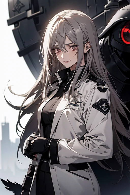 (Confused, High resolution, Very detailed), 1 female, Silver Hair,Long Hair,Reddish brown eyes,black pilot jacket,Black and white suit,20th generation,Beautiful woman,A shy smile,thin,Are thin,quiet,Calm,Carrying a white crow,With wolves,