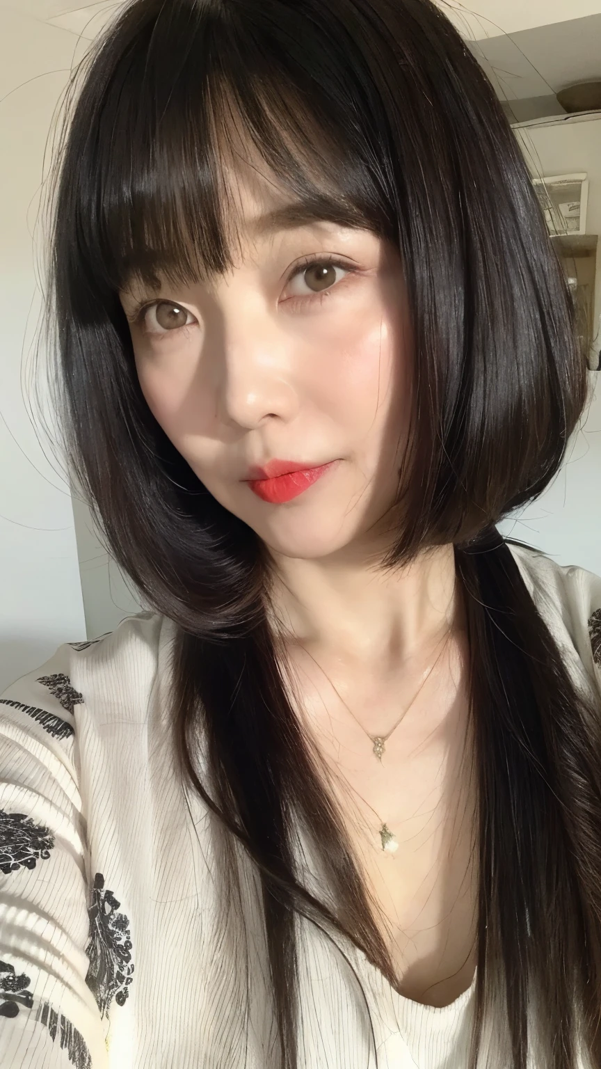 ((highest quality)), ((8K)), ((masterpiece: 1.3)), (Perfect appearance), (Photorealism: 1.6), (monochrome: 1.4), (Japanese Matureの肖像画), (60 years old, Japanese Mature), ((Realistic skin texture)), (Fine lines all over the skin), (Dull skin), (Facial wrinkles), (Wrinkles around the eyes), double eyelid, Tear bags under the eyelids, Closed lips, Calm expression, (Short bangs: 1.2), (Long and silky hair: 1.6), (Hair blown by the wind and messy: 1.4), BREAK(Red lips: 1.4),BREAK