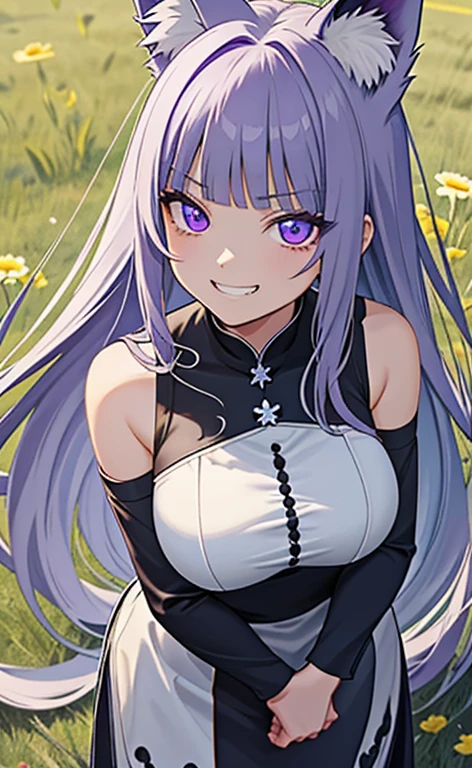 (masterpiece:1.4、top-quality、illustration)、(character focus、,cowboy shot:1.3)、(from above:1.4),(1girl),(evil grin:1.3),(Beautiful eyes:1.4),cute face,(purple eyes:1.3)、(tareme:1.3)、(fox ears,fox tails),
),(stand:1.4),、(),(breast hold),
(blue grey hair),(long hair:1.5)、
,(meadow:1.3),(sleeveless turtleneck china dress:1.5),
(blunt bangs),(sidelocks:1.3), (large breasts)、
、slender、