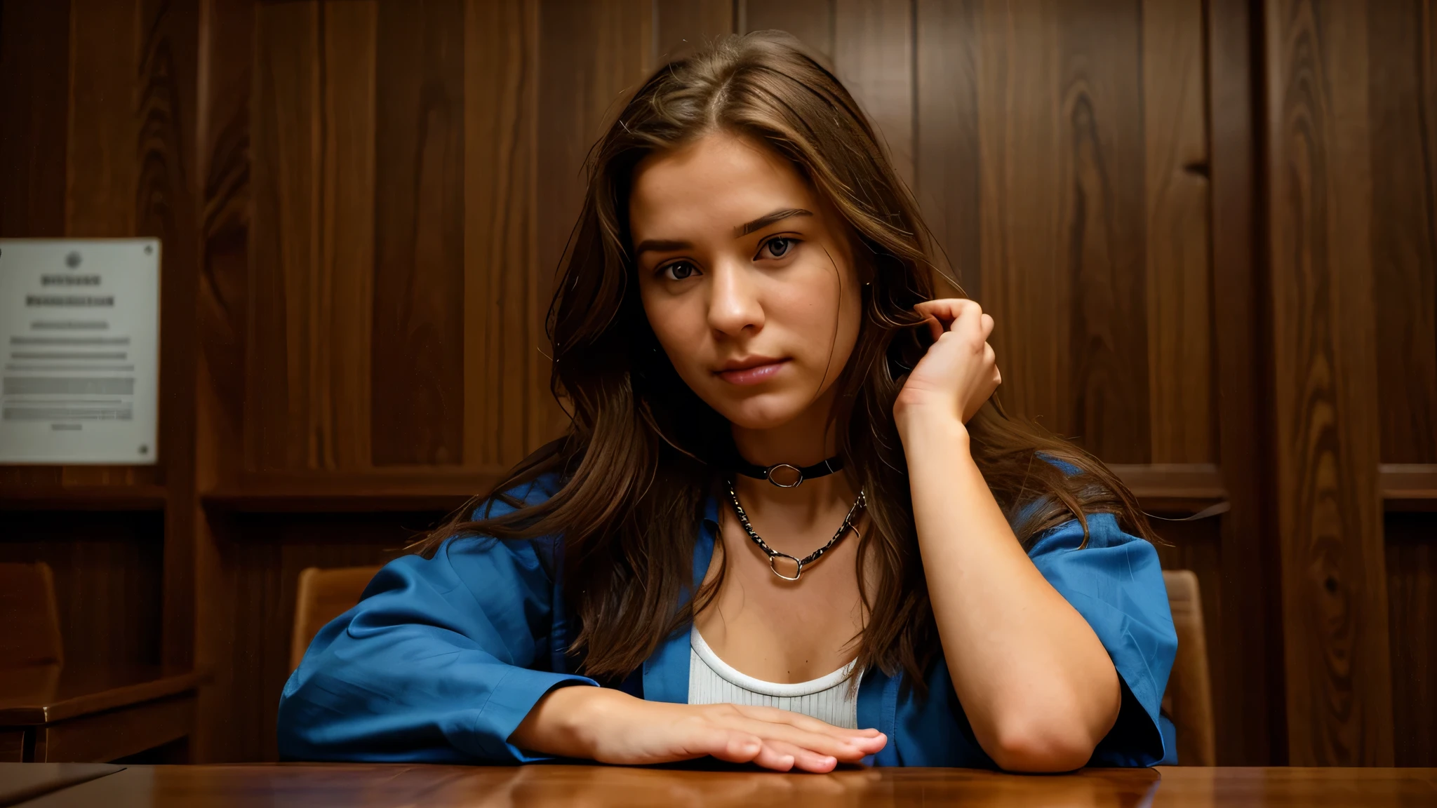 a young woman sitting in what appears to be a courtroom. She has long, straight brown hair that cascades over her shoulders and intense, piercing blue eyes that are looking directly at the camera, conveying a sense of seriousness and determination. She is wearing an orange prison jumpsuit, which is typically associated with inmates in the United States. The sleeves of the jumpsuit are rolled up to her elbows, revealing her forearms. Around her neck, there is a thick metal collar, which is connected to a heavy chain. The chain is substantial, indicating restraint and confinement. The chain links are robust and give the impression of being very strong, likely to prevent escape. Additionally, she has a black leather cuff around her wrist, which is also connected to the chain. The cuff looks secure and tight, contributing to the overall sense of captivity. Her hands are resting on a wooden table in front of her, with her fingers intertwined in a somewhat relaxed but still alert manner. The background of the image suggests a courtroom setting with wooden paneling and a somber, formal atmosphere. The blurred background features what seems to be chairs or benches, reinforcing the idea of a judicial or legal environment. The overall mood of the image is serious and intense, with the woman's expression and the chains emphasizing themes of confinement, justice, and possibly defiance or resilience in the face of adversity.