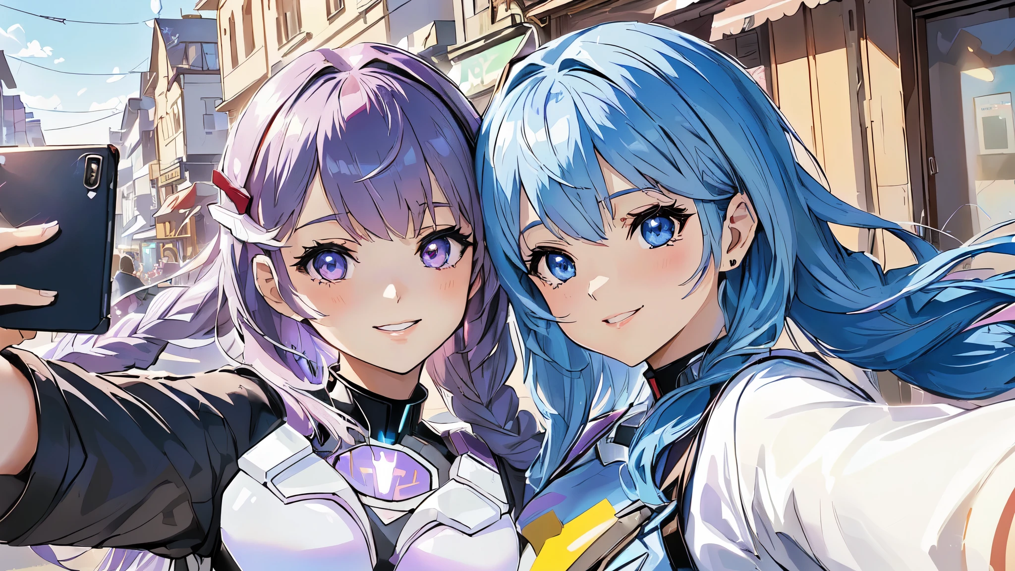 Cartoon characters taking selfies with mobile phones in the city, Two beautiful anime girls, Sakimchan and Frank Franzetta, Nixon and Sakimchan, Beautiful sci-fi twins, official art works, Macross Delta Inkjet Art, Neon Genesis Evangelion Illustration, Girls Frontline Universe, Jazz and Rose Sweepstakes, Detailed digital animation art, Clear role-playing portraits