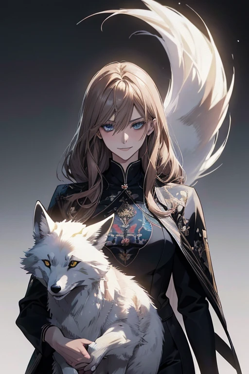 (highest quality,High resolution,Very detailed),1 girl, Beautiful and exquisite light blue eyes, Brown Hair, Cold Smile,Grudge,Indignant,Blue floral ornamentwo
後ろで結んだストレートロングヘア, Wearing a black suit, Mature Woman, Age 25,Cruel smile, Calm and Calm, Slim figure, Pale complexion, thin, Calm, secretary,He has a big white fox with him..,Carrying a big white fox,Blue floral ornament
