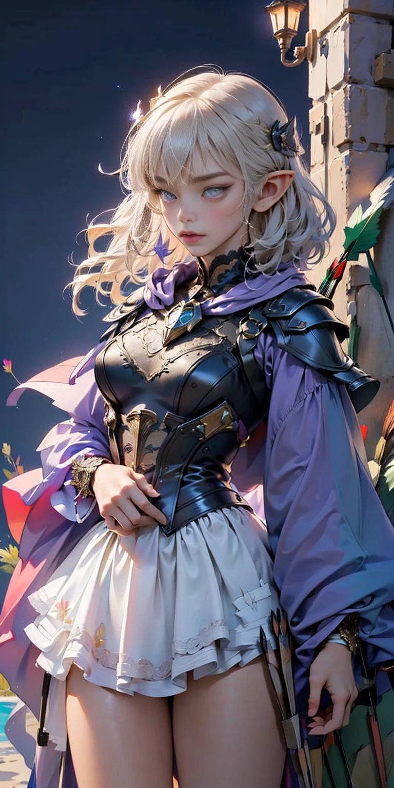 ((masterpiece, best quality, high res, sharp focus, ultra detailed, extremely detailed, photorealistic artwork:1.37, extremely detailed CG unity 8k wallpaper, vibrant colors, vibrant theme, intricate details)) dark elf female, woman:1.5,1 woman, elf female, dark elf (female, muscle, 1girl, pectoral, woman chest, muscular) 25 year old woman, young ((1female,1 female,1woman, woman, female gender:1.5, beautiful woman, female focus)) (((elf))) (((elf ears))) dark elf, pointed ears (((purple_eyes:1.3))) intricate eyes, beautiful detailed eyes, symmetrical eyes (((dark skin:1.5))),white hair,(((lustrous skin:1.5, bright skin: 1.5, skin tanned, shiny skin, very shiny skin, shiny body, plastic glitter skin, exaggerated shiny skin, illuminated skin))) young beautiful female, perfect body, perfect face ((detailed face)) expressive eyes, serious face, (ultra-detailed:1.3) beautiful detailed glow, finely detailed ultra-detailed, (light armor, greatcoat, layered clothing, (purple cape with hood:1.2, purple cape, hood)) ((intricate outfit, intricate clothes)) ((quiver with arrows:1.5,arrow quiver:1.5)) (dynamic pose:1.0) mocking serious attitude,(centered, scale to fit dimensions, Rule of thirds) ((scenery at night)) scenery:1.25 ((bedroom background))