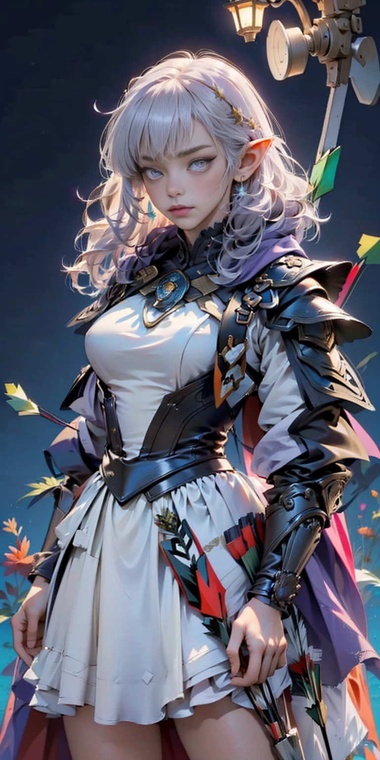 ((masterpiece, best quality, high res, sharp focus, ultra detailed, extremely detailed, photorealistic artwork:1.37, extremely detailed CG unity 8k wallpaper, vibrant colors, vibrant theme, intricate details)) dark elf female, woman:1.5,1 woman, elf female, dark elf (female, muscle, 1girl, pectoral, woman chest, muscular) 25 year old woman, young ((1female,1 female,1woman, woman, female gender:1.5, beautiful woman, female focus)) (((elf))) (((elf ears))) dark elf, pointed ears (((purple_eyes:1.3))) intricate eyes, beautiful detailed eyes, symmetrical eyes (((dark skin:1.5))),white hair,(((lustrous skin:1.5, bright skin: 1.5, skin tanned, shiny skin, very shiny skin, shiny body, plastic glitter skin, exaggerated shiny skin, illuminated skin))) young beautiful female, perfect body, perfect face ((detailed face)) expressive eyes, serious face, (ultra-detailed:1.3) beautiful detailed glow, finely detailed ultra-detailed, (light armor, greatcoat, layered clothing, (purple cape with hood:1.2, purple cape, hood)) ((intricate outfit, intricate clothes)) ((quiver with arrows:1.5,arrow quiver:1.5)) (dynamic pose:1.0) mocking serious attitude,(centered, scale to fit dimensions, Rule of thirds) ((scenery at night)) scenery:1.25 ((bedroom background))