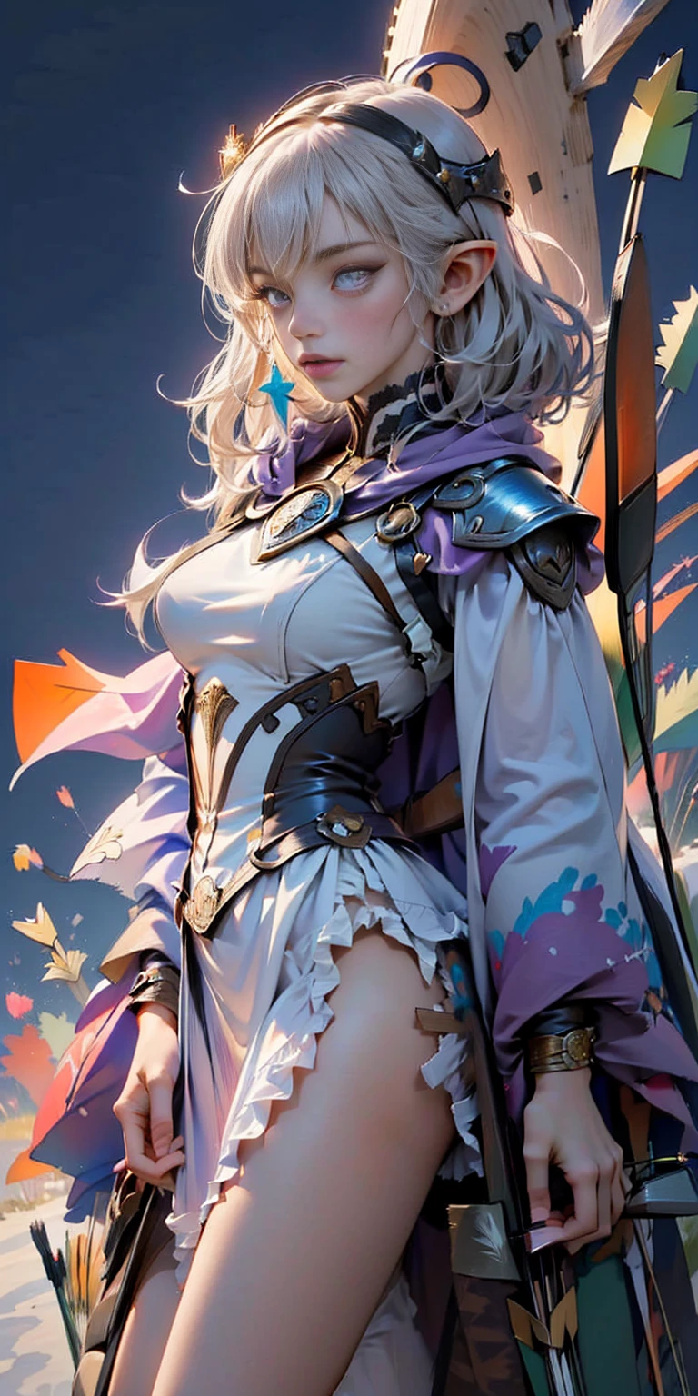 ((masterpiece, best quality, high res, sharp focus, ultra detailed, extremely detailed, photorealistic artwork:1.37, extremely detailed CG unity 8k wallpaper, vibrant colors, vibrant theme, intricate details)) dark elf female, woman:1.5,1 woman, elf female, dark elf (female, muscle, 1girl, pectoral, woman chest, muscular) 25 year old woman, young ((1female,1 female,1woman, woman, female gender:1.5, beautiful woman, female focus)) (((elf))) (((elf ears))) dark elf, pointed ears (((purple_eyes:1.3))) intricate eyes, beautiful detailed eyes, symmetrical eyes (((dark skin:1.5))),white hair,(((lustrous skin:1.5, bright skin: 1.5, skin tanned, shiny skin, very shiny skin, shiny body, plastic glitter skin, exaggerated shiny skin, illuminated skin))) young beautiful female, perfect body, perfect face ((detailed face)) expressive eyes, serious face, (ultra-detailed:1.3) beautiful detailed glow, finely detailed ultra-detailed, (light armor, greatcoat, layered clothing, (purple cape with hood:1.2, purple cape, hood)) ((intricate outfit, intricate clothes)) ((quiver with arrows:1.5,arrow quiver:1.5)) (dynamic pose:1.0) mocking serious attitude,(centered, scale to fit dimensions, Rule of thirds) ((scenery at night)) scenery:1.25 ((bedroom background))