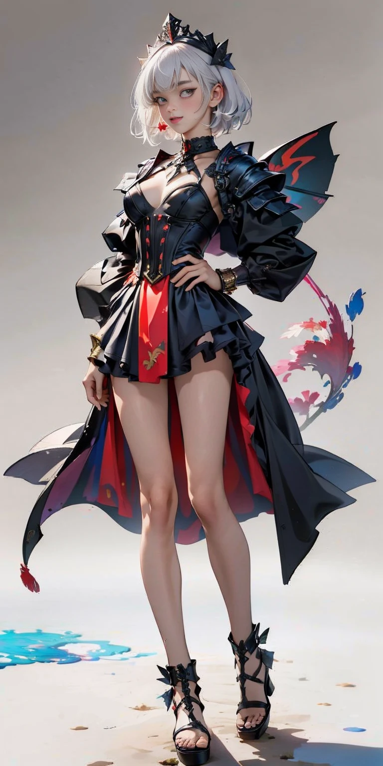 ((PLAIN BACKGROUND,1:2, masterpiece)), full body MILF BIMBO standing with two long thighs and two metal sandals, red eyes, silver white hair, short bob style hair, big breasts, cleavage, separate sleeves, tiara royal, long cape up to two feet, yellow bikini, hands on waist, navel, lustful smirking smiling, smile face (red blushed, red cheeks), metal shoulders, gold sleeveless armbands, black leather choker slave collar, shackle bracelets, sex slave red crest, pauldrons, breastplate, corset, eye focus, full body, whole body. 1solo . slave fighter, loincloth standing, hands on hips, metal sandals, backpack, choker, big belt, view from below, feet together, bracers, tiara)