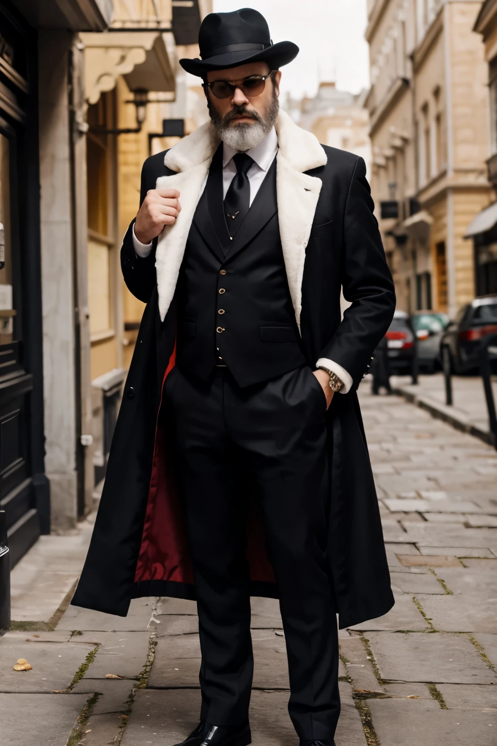 full body  cool game character man in black suit and fur collared coat aristocrat style red vest middle aged black and white hair and beard holding fancy classic cane  hat 