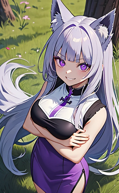 (masterpiece:1.4、top-quality、illustration)、(character focus、,cowboy shot:1.3)、(from above:1.4),(1girl),(evil grin:1.3),(Beautiful eyes:1.4),cute face,(purple eyes:1.3)、(tareme:1.3)、(fox ears,fox tails),
),(stand:1.4),、(),(breast hold:1.3),
(blue grey hair),(long hair:1.5)、
,(meadow:1.3),（sleeveless turtleneck china dress:1.5),
(blunt bangs),(sidelocks:1.3), (large breasts)、
、slender、