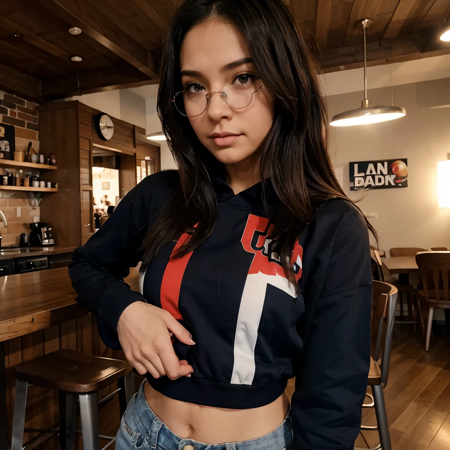 Estilo My Hero Academia, una chica, algo alta y flaca, cabello algo largo y ondulado color cafe, ojos cafe oscuro, vestimenta de super heroina, lentes y bonita