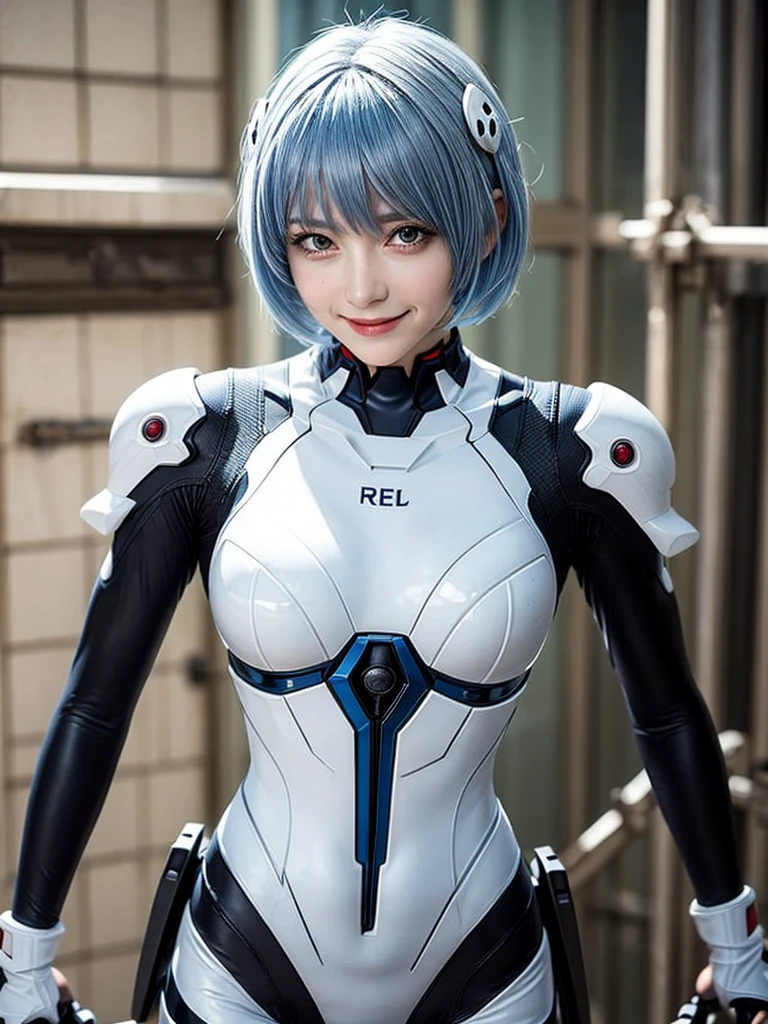 Masterpiece, highest quality, 8K, detailed skin texture, fine cloth texture, beautiful detailed face, intricate details, super detailed, portrait of Rei Ayanami, blue hair, red eyes, looking far away, no background, Evangelion Wearing a plug suit when riding, plug suit, whole body visible, standing, arms crossed, , beautiful, cute, great style, smiling,composition that shows the whole body,
