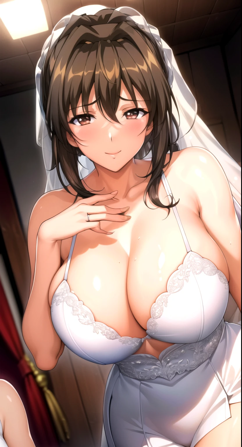 1 girl,30 years old, Wedding dress,large Chest, Young women,Fair Finger,Fair long legs,Fair Body,Fair Nose,Fair character design, Perfect eyes, perfect Face,expressive eyes, looking at the audience,(lead_Body),(Focus on her Face), Official Art,Extremely detailed CG unity 8k wallpaper, Perfect Lighting,rich and colorful, bright_front_Face_Light,發Light的皮膚, (masterpiece:1.0),(最OK_quality:1.0), Ultra-high resolution,4k,Super detailed, photography, 8K, HDR, high resolution, absurd:1.2, Kodak Portrait 400, Film Grain, Blurred background, Bokeh:1.2, 鏡頭Light暈, (Energetic_color:1.2) (Fair,Big goals_Chest:1.4), (Fair_Face:1.5),(narrow_waist),Wedding dress, Wedding dress, bride,bride, veil, Smile, Happy, OK, underwear, bra