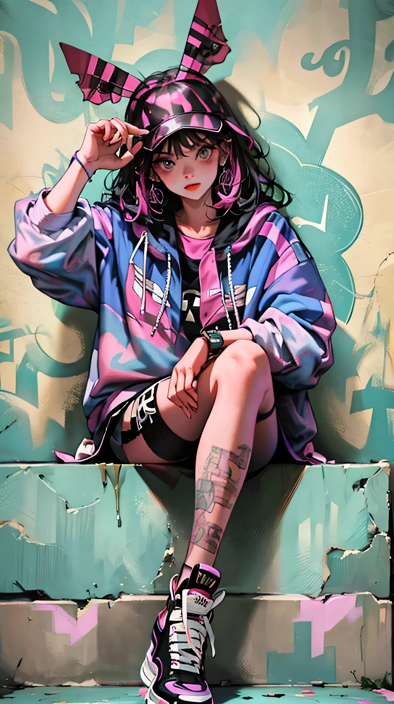 High resolution, (The finest details) (highest quality), Alfie woman wearing sunglasses sitting on sofa chair, (((Graffiti art))), (((Trigger Studio style, Graffiti art, Rock punk, Neon color))), Carne Griffith