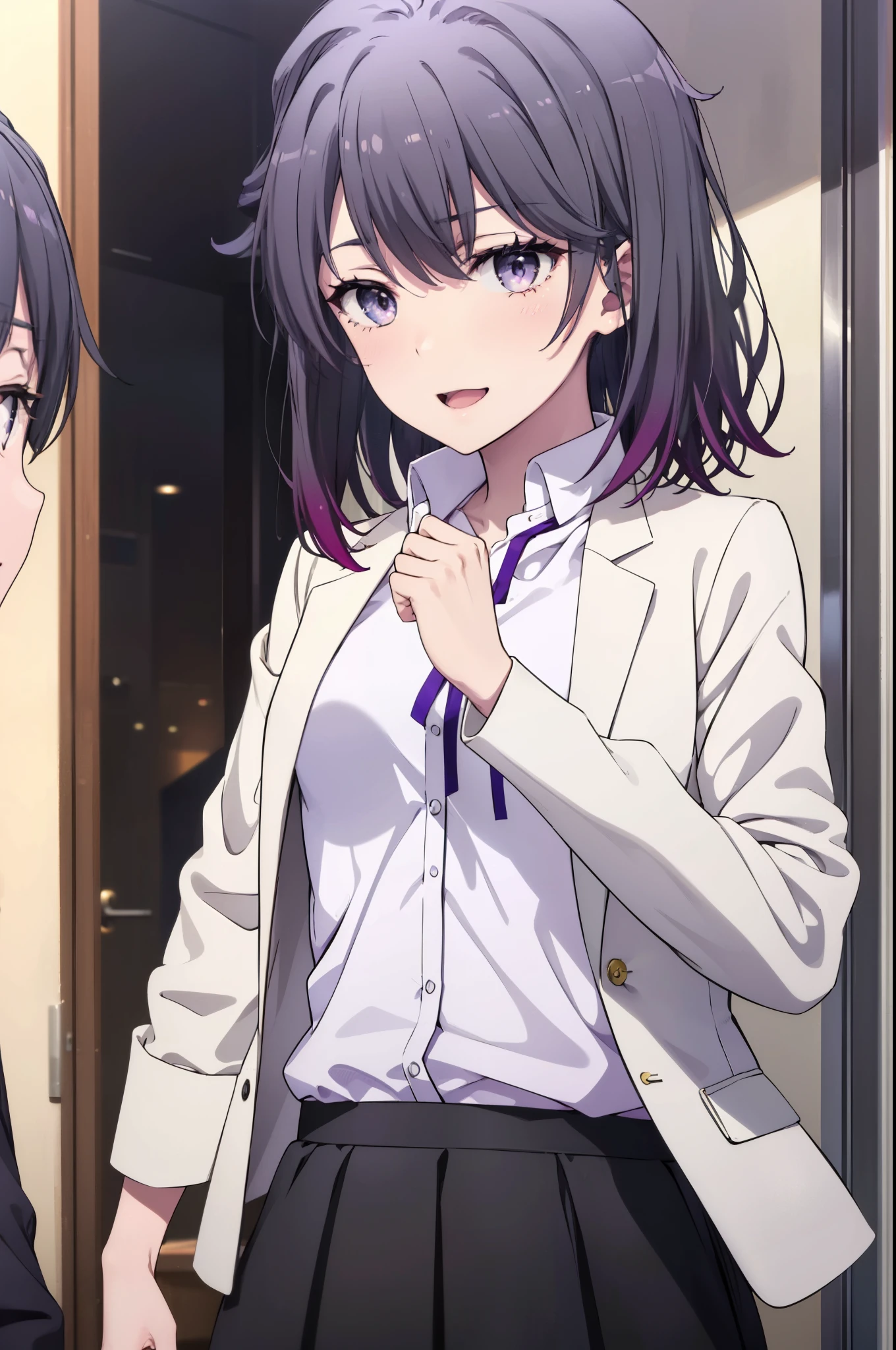 harunoyukinoshita, haruno yukinoshita, short hair, Hair between the eyes, (Iris:1.5), Black Hair, Gradient Hair, Two-tone hair, Purple Hair, happy smile, smile, Open your mouth,
break skirt, shirt, ribbon, , Jacket, white shirt, Open clothes, open Jacket, black Jacket, Plaid, Black pantyhose, Plaid skirt, blazer,Brown loafers, whole bodyがイラストに入るように,
break looking at viewer,whole body,　　　　　　　　　　　
break indoors,School,corridor,　　　　　　　　　　　break (masterpiece:1.2), highest quality, High resolution, unity 8k wallpaper, (figure:0.8), (Beautiful fine details:1.6), Highly detailed face, Perfect lighting, Highly detailed CG, (Perfect hands, Perfect Anatomy),