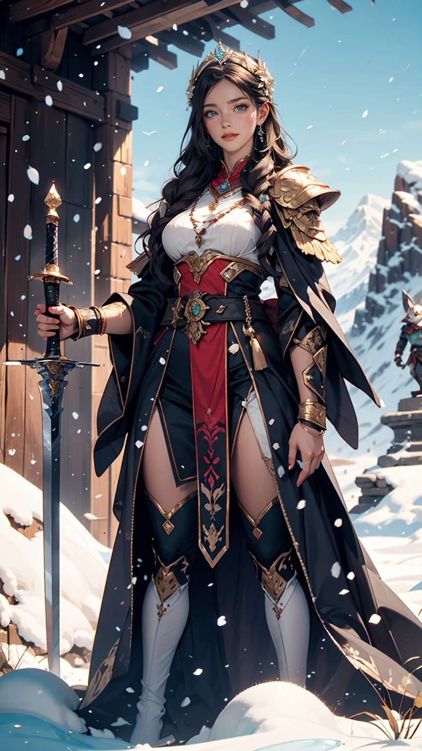 Draw the Sword of Snowy Mountain, Ancient women's cold ice flame sword, A sword blazing with blue flames in hand, A sword in white dancing in the snow, long hair fluttering, Beautiful woman holding a silver sword, Wearing jade jewelry, Her face is full of a confident smile, She's floating in the clouds like a fairy, Behind her is a mountain々There are layers of