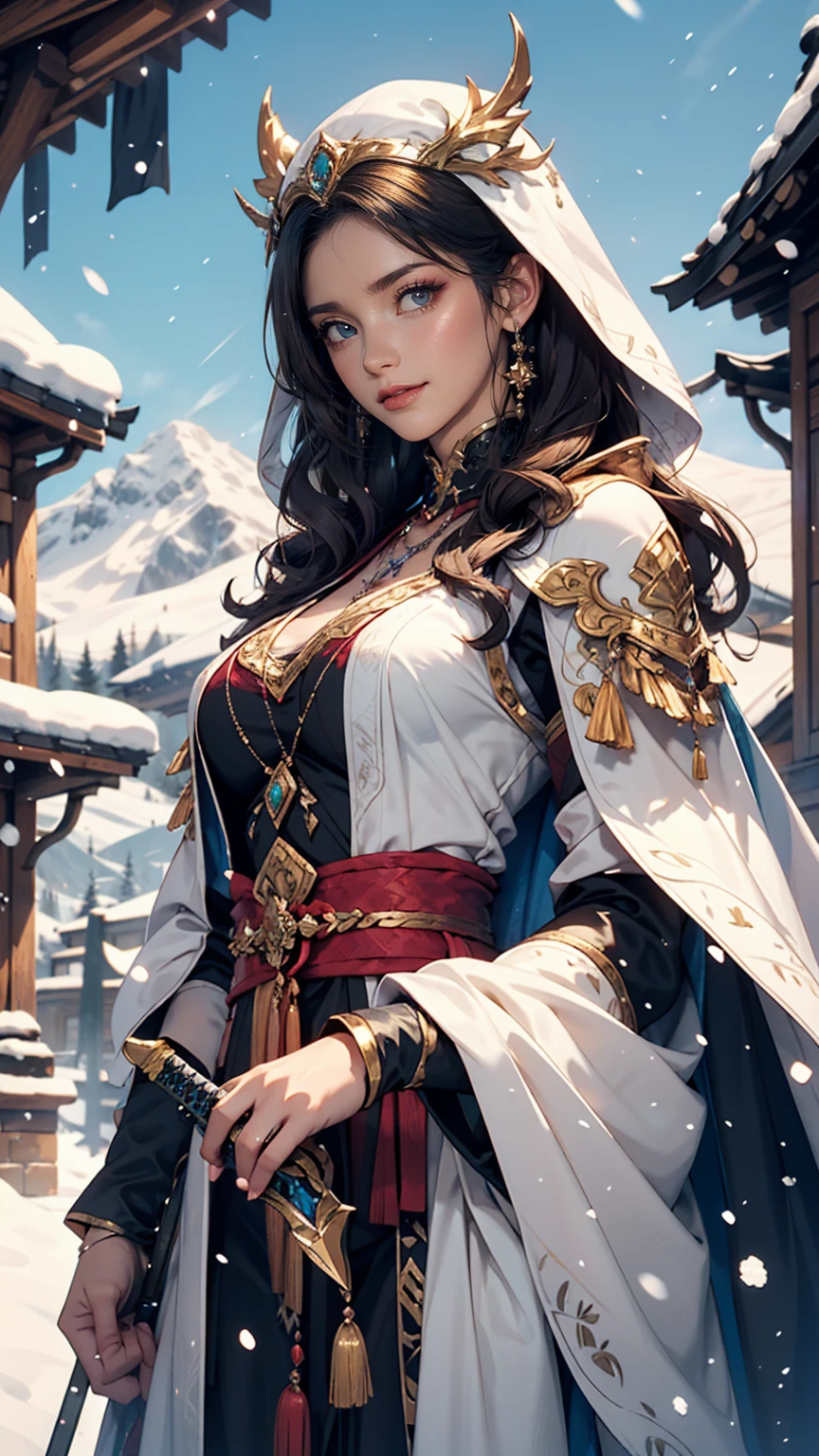 Draw the Sword of Snowy Mountain, Ancient women&#39;s cold ice flame sword, A sword blazing with blue flames in hand, A sword in white dancing in the snow, long hair fluttering, Beautiful woman holding a silver sword, Wearing jade jewelry, Her face is full of a confident smile, She&#39;s floating in the clouds like a fairy, Behind her is a mountain々There are layers of  
