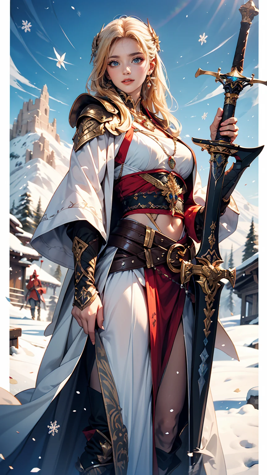 Draw the Sword of Snowy Mountain, Ancient women's cold ice flame sword, A sword blazing with blue flames in hand, A sword in white dancing in the snow, long hair fluttering, Beautiful woman holding a silver sword, Wearing jade jewelry, Her face is full of a confident smile, She's floating in the clouds like a fairy, Behind her is a mountain々There are layers of