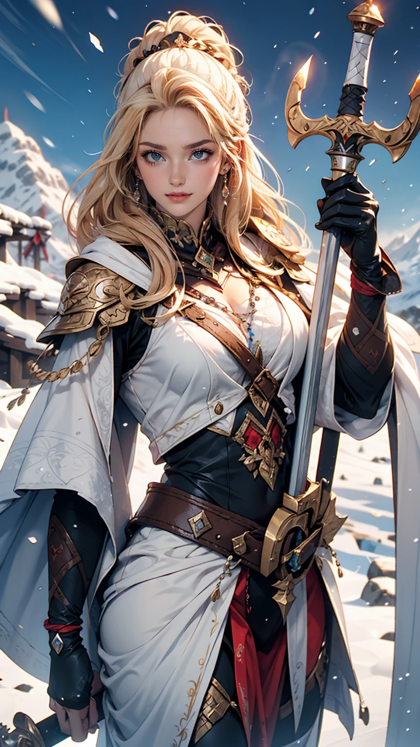 Draw the Sword of Snowy Mountain, Ancient women&#39;s cold ice flame sword, A sword blazing with blue flames in hand, A sword in white dancing in the snow, long hair fluttering, Beautiful woman holding a silver sword, Wearing jade jewelry, Her face is full of a confident smile, She&#39;s floating in the clouds like a fairy, Behind her is a mountain々There are layers of  