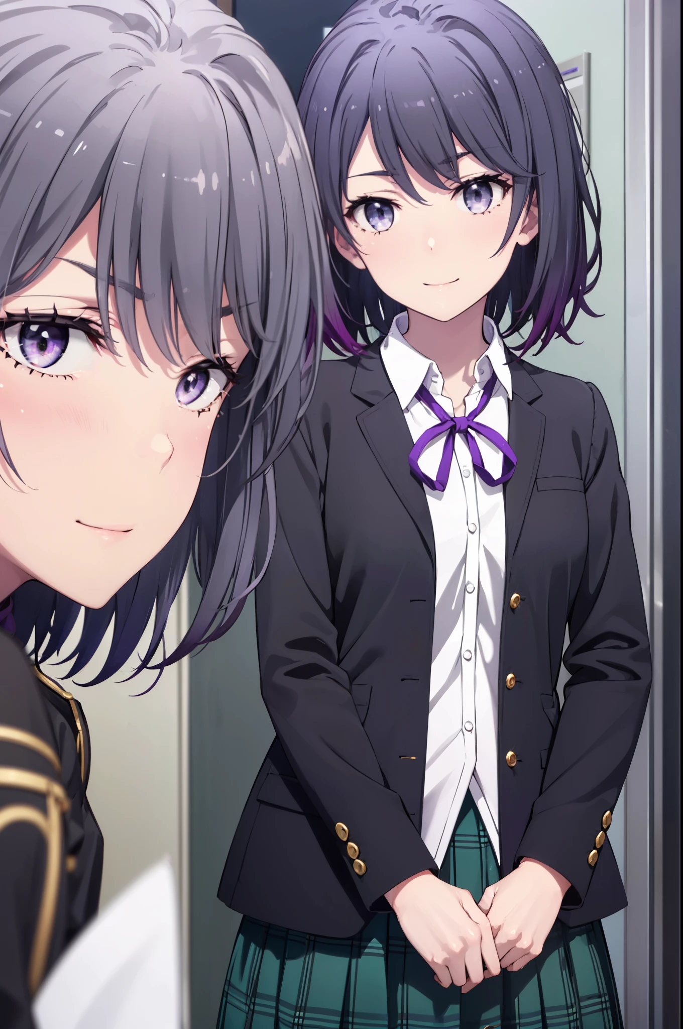 harunoyukinoshita, haruno yukinoshita, short hair, Hair between the eyes, (Iris:1.5), Black Hair, Gradient Hair, Two-tone hair, Purple Hair, happy smile, smile, Open your mouth,
break skirt, shirt, ribbon, , Jacket, white shirt, Open clothes, open Jacket, black Jacket, Plaid, Black pantyhose, Plaid skirt, blazer,Brown loafers, whole bodyがイラストに入るように,
break looking at viewer,whole body,　　　　　　　　　　　
break indoors,School,corridor,　　　　　　　　　　　break (masterpiece:1.2), highest quality, High resolution, unity 8k wallpaper, (figure:0.8), (Beautiful fine details:1.6), Highly detailed face, Perfect lighting, Highly detailed CG, (Perfect hands, Perfect Anatomy),