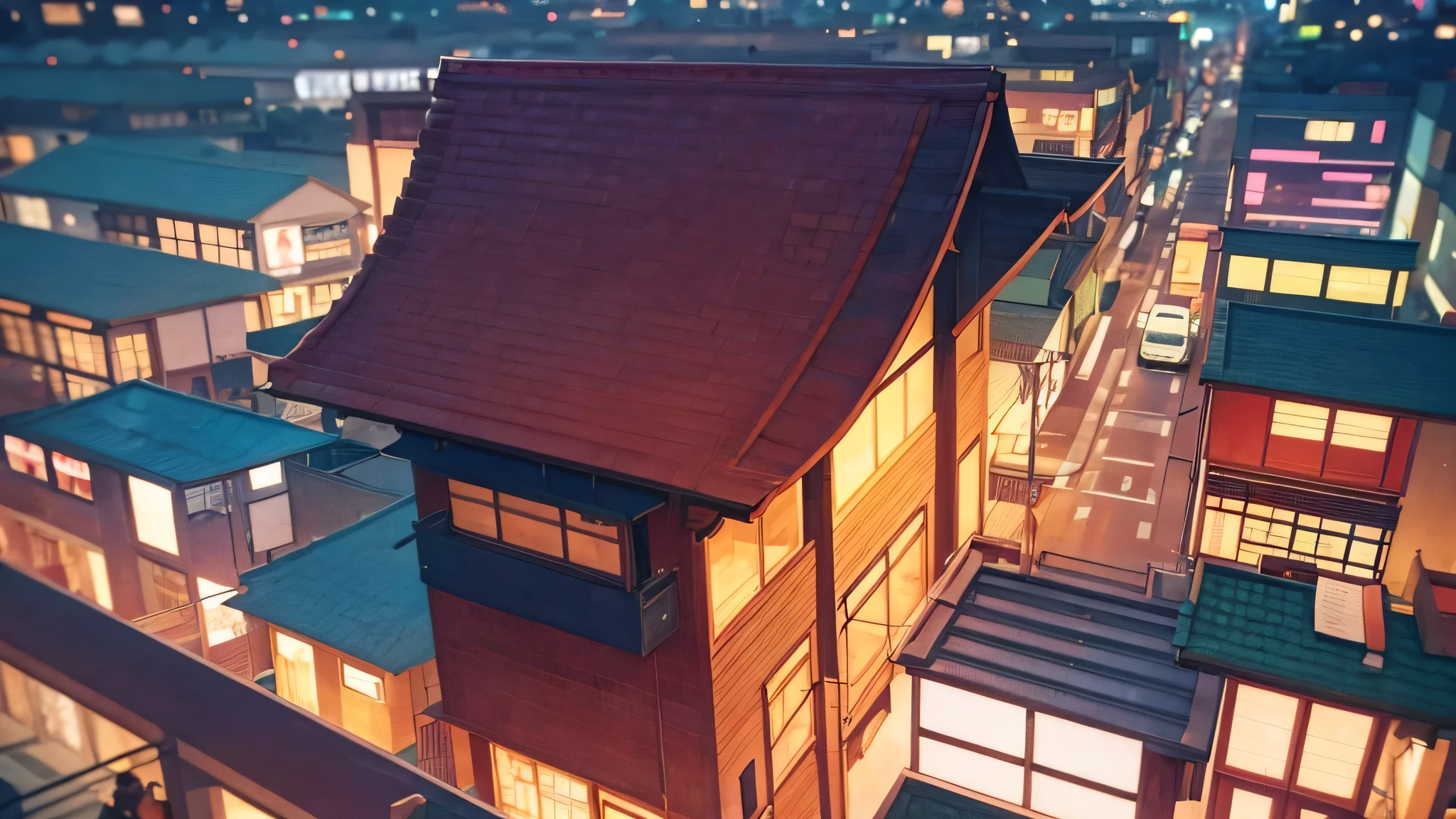 there is a street with cars driving down it at night, a tilt shift photo inspired by Hirohiko Araki, tumblr, ukiyo-e, lofi hip hop, lofi album art, lofi, lofi artstyle, lofi art, lo - fi, lo-fi, lofi colors, lofi aesthetic, chillhop, lo fi