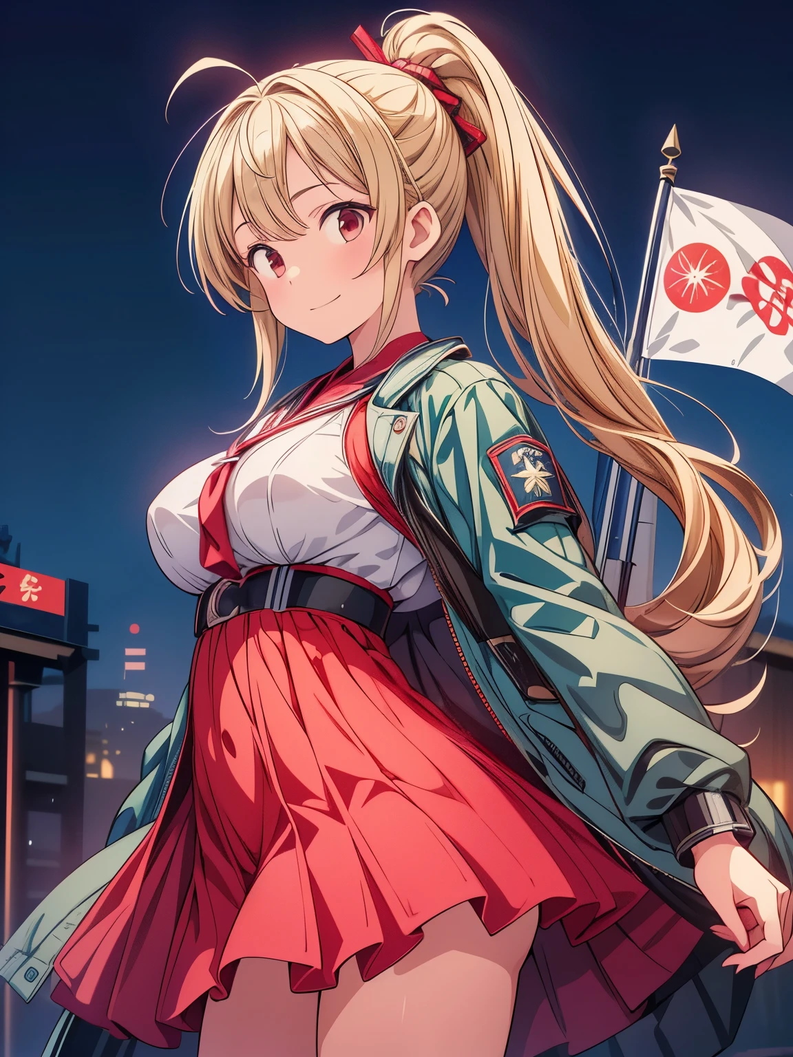 (masterpiece、highest quality、highest quality、Official Art、Beautiful and beautiful:1.2)、(One girl:1.3)Hatsune Miku、Twin tails,Big Breasts,((masterpiece)), ((highest quality)), (Professional photography:1.2), Future World,人工知能のperfectionな例,5143 and later, 8k, Very detailed , perfection，Ultra detailed face，16-year-old girl，eight-headed body，Blonde ponytail、Ahoge、Big round red eyes、，Bit Girl，Futuristic Background，During night combat，smile，Dress Type，wear a khaki military jacket,Japan representative jacket、With flag patch、matrix、blade 