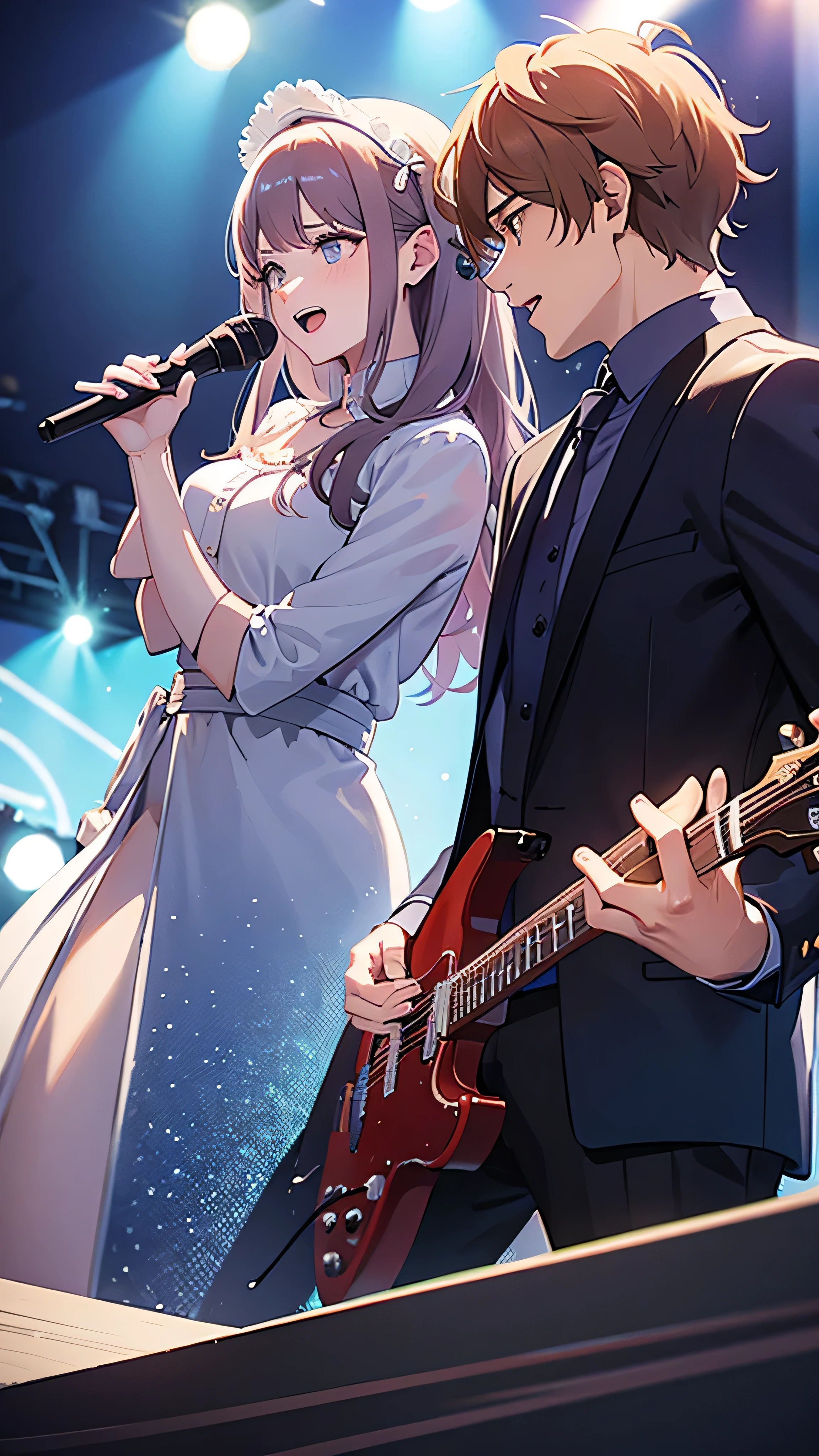 A man and a woman are singing on stage