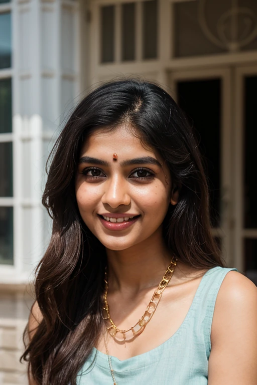 24 years old indian bengali girl who wearing light cyan color indian churidar, kind face, beautiful light wavy medium hair, attractive neck, beautiful lip, beautiful brown eyes, light eyebrows, no makeup, wearing light chain in her neck, and smiling.
Take her picture from outside