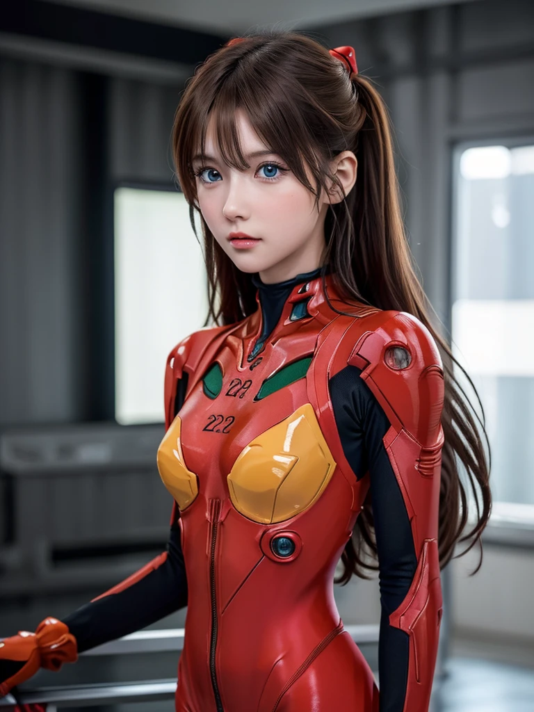 ((Best quality)), ((Masterpiece)), (Details: 1.4), 3D, Asuka Langley Soryu, Asuka, high resolution (high dynamic range), ray tracing, NVIDIA, super resolution, Unreal 5, subsurface scattering ,PBR texturing, post-processing, anisotropic filtering, depth of field, maximum sharpness and sharpness, multi-layered textures, albedo and specular maps, surface shading, accurate simulation of light and matter interaction, perfect proportions ,Octane Rendering,Two-Tone Lighting,Wide Aperture,Low ISO,White Balance,Rule of Thirds,8K RAW,(Masterpiece: 1.4, Best Quality), (Intricate Details), Unity8k Wallpaper, Highly Detailed, Beautiful and Mysterious, Details background, realistic, alone, perfectly detailed face, detailed blue eyes, highly detailed, blush, hair ornament, chignon mahogany hair, (blonde), plug suit 02, Shikinami Asuka Langley, Evangelion, Slender 15-year-old girl, full body suit, black background, above the waist,composition that shows the whole body,