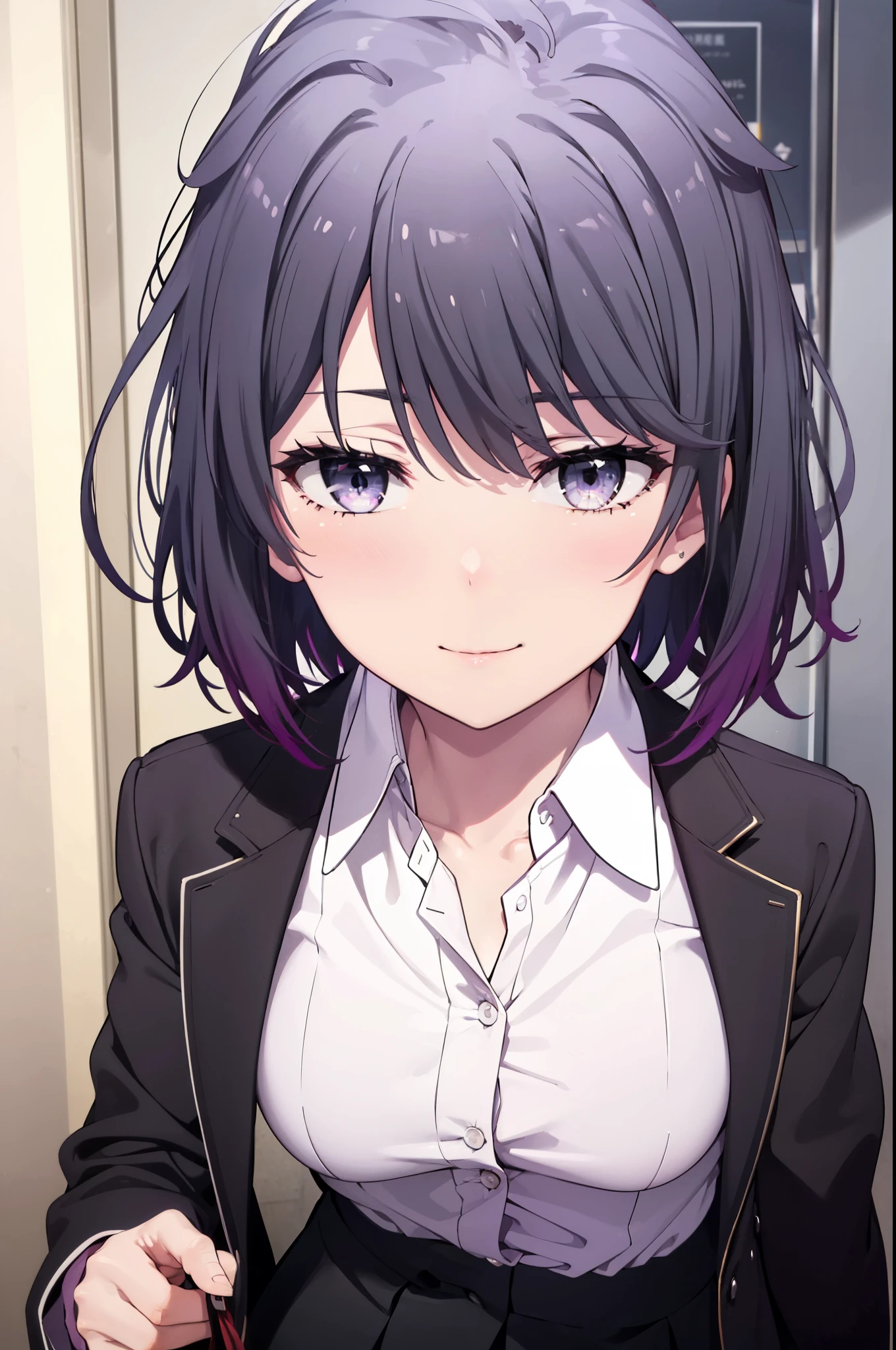 harunoyukinoshita, haruno yukinoshita, short hair, Hair between the eyes, (Iris:1.5), Black Hair, Gradient Hair, Two-tone hair, Purple Hair, happy smile, smile, Open your mouth,
break skirt, shirt, ribbon, , Jacket, white shirt, Open clothes, open Jacket, black Jacket, Plaid, Black pantyhose, Plaid skirt, blazer,Brown loafers, whole bodyがイラストに入るように,
break looking at viewer,whole body,　　　　　　　　　　　
break indoors,School,corridor,　　　　　　　　　　　break (masterpiece:1.2), highest quality, High resolution, unity 8k wallpaper, (figure:0.8), (Beautiful fine details:1.6), Highly detailed face, Perfect lighting, Highly detailed CG, (Perfect hands, Perfect Anatomy),