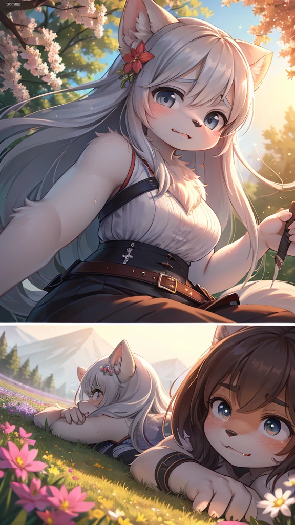 Unrealistic Perspective , dynamic angle , rule of thirds Layout , Bokeh , dynamic action , realistic hairy fur , round face , moist round eyes , Swollen cheeks , hair ties , Short stature , accidents , Happenings , sensational , front view , back view , side view , from above , from below , Joy, anger, sorrow, and happiness , Pleasure , Pain , sit , standing , lying down , lying back , squad , jump , Fluttering in the wind , zoom blur , Spring, Summer, Autumn, Winter ,
masterpiece best night 1 woman mature woman older sister kind younger sister cold face expressionless silvery white long hair woman light pink lips calm intelligent three belts gray eyes assassin short knife, Flowers, Hand Detail, Finger details,