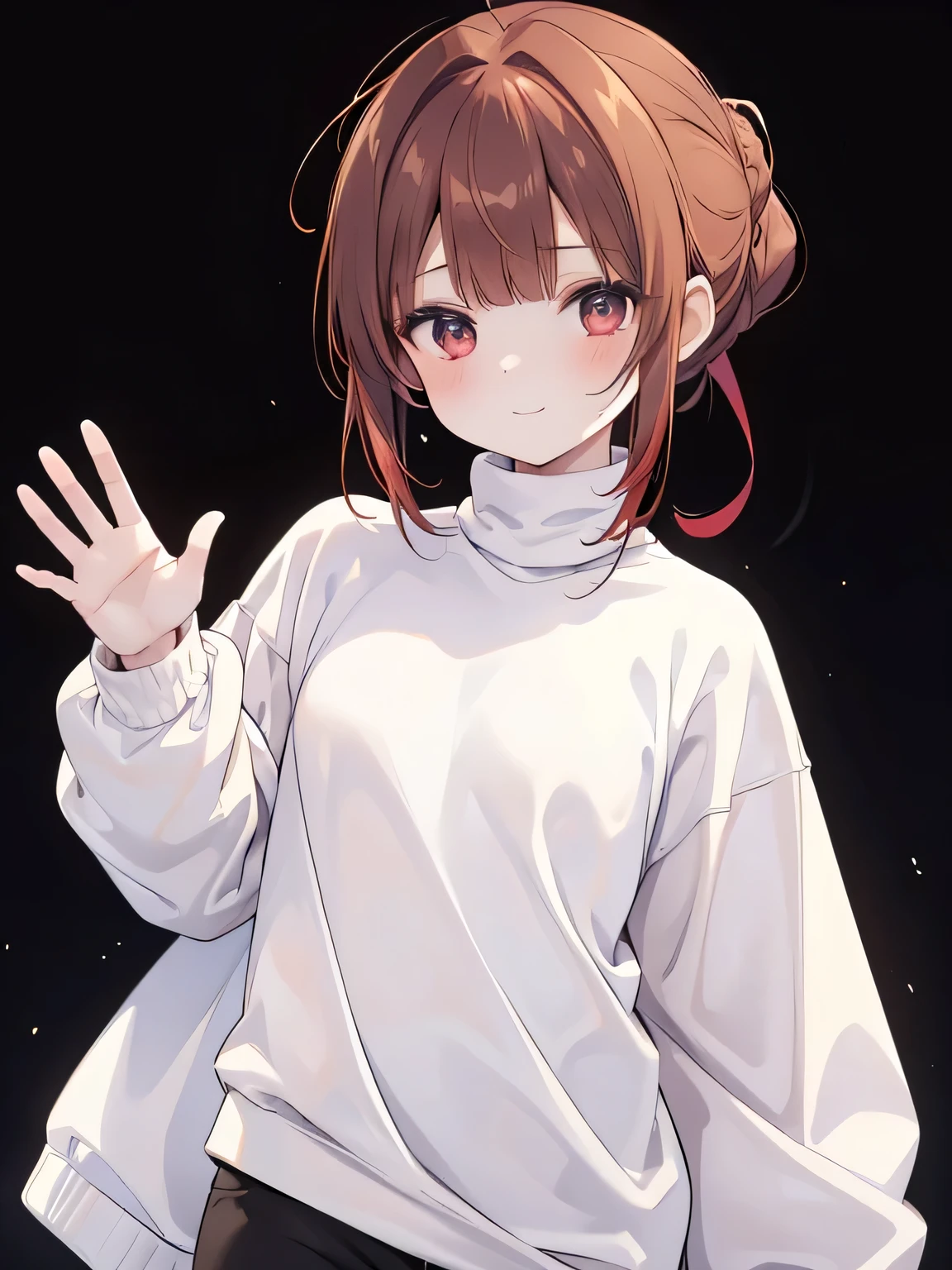 masterpiece , best quality , detailed , ((( 1 girl ))) , ( ash brown hair ) , ( red inner color ) , ((( Single chignon hairstyle:1.3 ))) , ahoge , ((( The bangs are even ))) , small breasts, ( oversized white sweatshirts on black turtleneck:1.3 ) , good style , (facing the front) , cheeks turn red , (shy smile expression) , ( looking viewer ) , (( cowboy shot:1.3 )) , wine red big eyes, ( simple white background:1.3) , (from front:1.2) , waving gesture