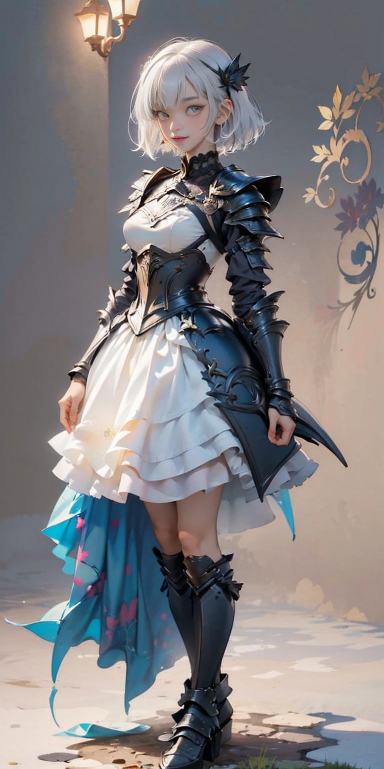 (gray background)(masterpiece) ultra-detailed solo 1girl hands on sides medium breasts, (full body standing), RED EYES detailed eyes, full plate armor, confident smile, staring at the viewer, silver white hair, short bob style hair