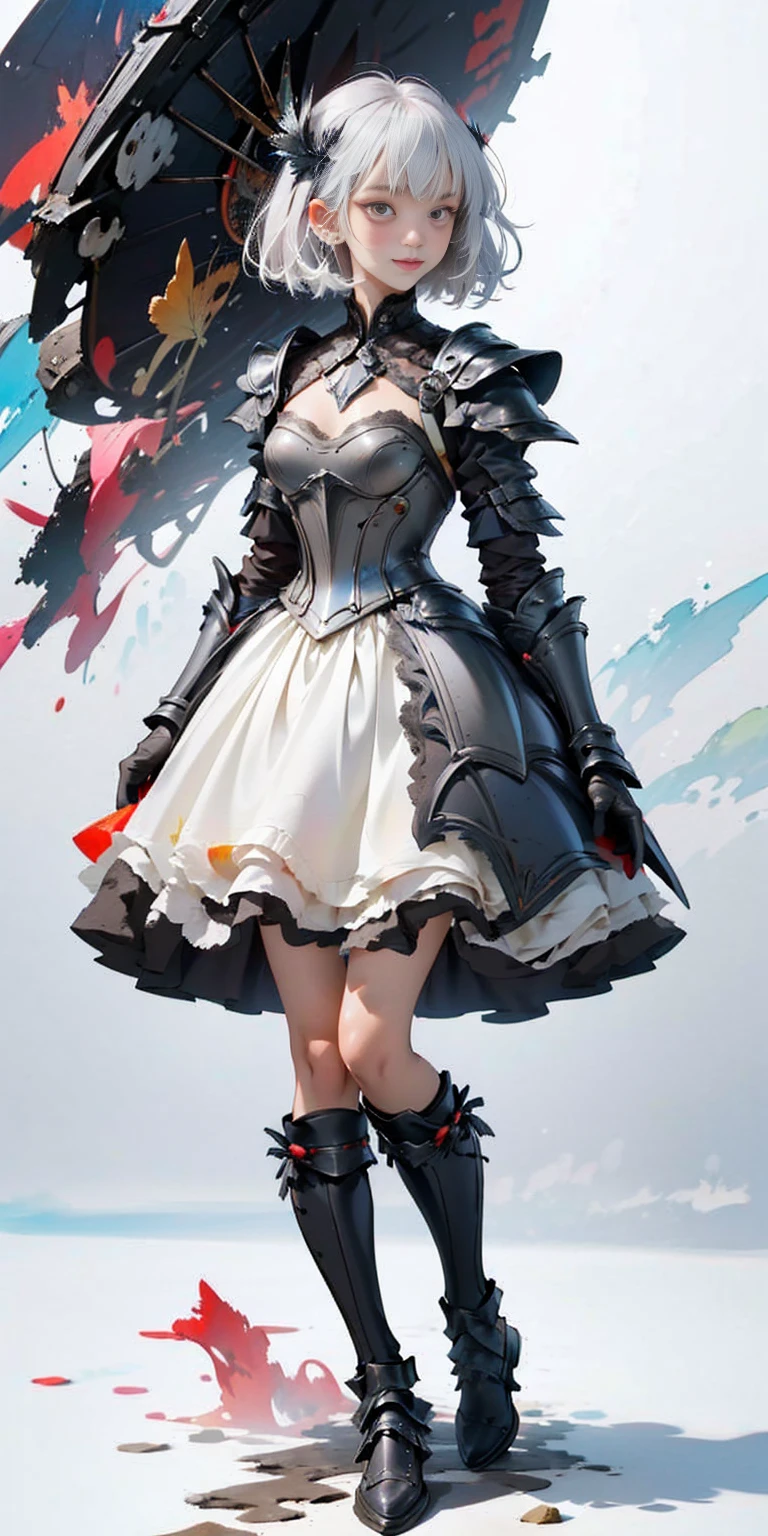 (gray background)(masterpiece) ultra-detailed solo 1girl hands on sides medium breasts, (full body standing), RED EYES detailed eyes, full plate armor, confident smile, staring at the viewer, silver white hair, short bob style hair