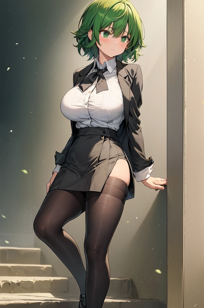 1 girl, Generate an image depicting Izuku Midoriya transformed into a female version. medium sized breast, breast 34d, cute, hot, Ensure that her beautiful green eyes and short green hair are prominently featured. Focus on her feminine body, emphasizing her great curves and overall physique. She should be wearing Izuku Midoriya's female UA High, which consists of a fitted grey blazer with green trim, tailored to perfection to hug her frame gracefully while allowing freedom of movement. Beneath the blazer, a pristine white blouse adds a touch of purity, with a crisp collar framing her face. Around her neck, a meticulously tied green and black striped necktie reflects her attention to detail and determination. The pleated green skirt falls just above the knee, swaying gently with each step, its vibrant hue mirroring the lush greenery of the hero academy grounds. Completing the ensemble are knee-high socks, snugly hugging her calves for warmth and support, paired with sleek black loafers offerin