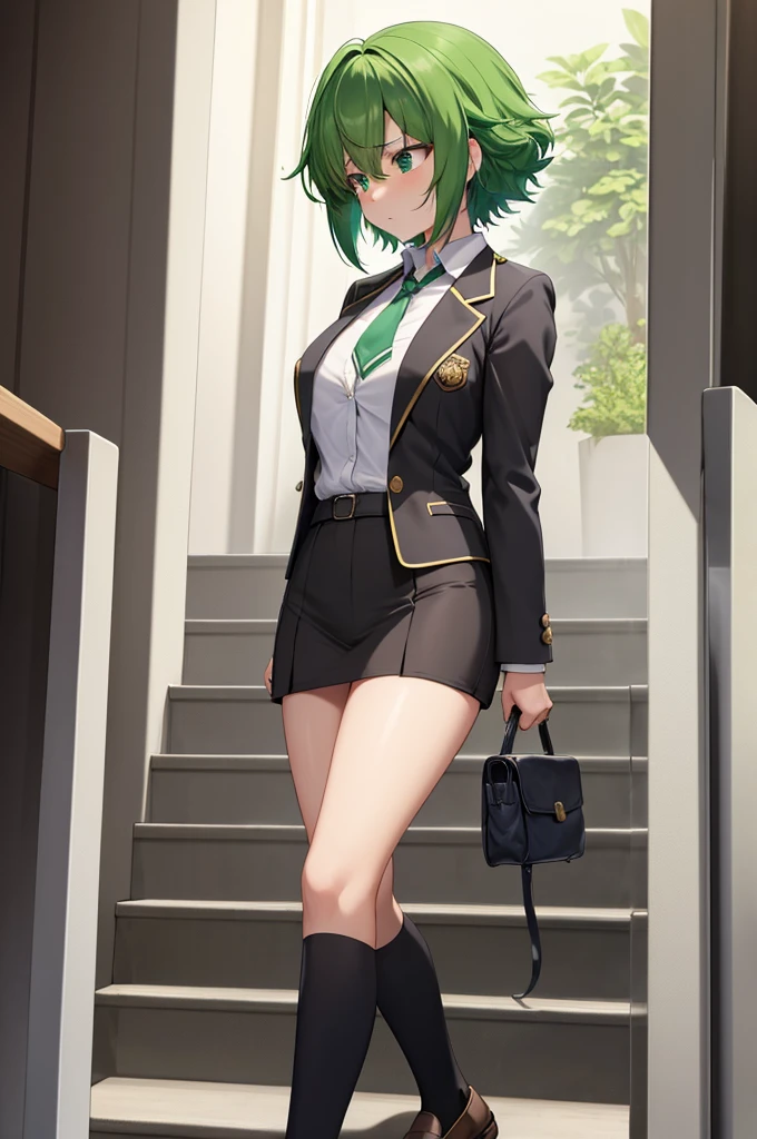 1 girl, Generate an image depicting Izuku Midoriya transformed into a female version. medium sized breast, breast 34d, cute, hot, Ensure that her beautiful green eyes and short green hair are prominently featured. Focus on her feminine body, emphasizing her great curves and overall physique. She should be wearing Izuku Midoriya's female UA High , which consists of a fitted grey blazer with green trim, tailored to perfection to hug her frame gracefully while allowing freedom of movement. Beneath the blazer, a pristine white blouse adds a touch of purity, with a crisp collar framing her face. Around her neck, a meticulously tied green and black striped necktie reflects her attention to detail and determination. The pleated green skirt falls just above the knee, swaying gently with each step, its vibrant hue mirroring the lush greenery of the hero academy grounds. Completing the ensemble are knee-high socks, snugly hugging her calves for warmth and support, paired with sleek black loafers offering both style and functionality. A green ribbon is woven into her hair, a splash of color amidst the darkness, with her hair styled in a short bob with soft waves. This image should capture Izuku Midoriya's feminine yet powerful presence, ready to take on any challenge as she trains to become the hero she is destined to be. Ensure the image is of high quality, preferably 8k resolution, with highly detailed and beautiful rendering.
