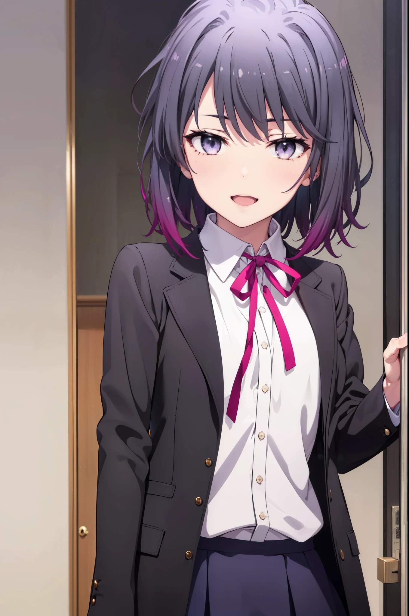 harunoyukinoshita, haruno yukinoshita, short hair, Hair between the eyes, (Iris:1.5), Black Hair, Gradient Hair, Two-tone hair, Purple Hair, happy smile, smile, Open your mouth,
break skirt, shirt, ribbon, , Jacket, white shirt, Open clothes, open Jacket, black Jacket, Plaid, Black pantyhose, Plaid skirt, blazer,Brown loafers, whole bodyがイラストに入るように,
break looking at viewer,whole body,　　　　　　　　　　　
break indoors,School,corridor,　　　　　　　　　　　break (masterpiece:1.2), highest quality, High resolution, unity 8k wallpaper, (figure:0.8), (Beautiful fine details:1.6), Highly detailed face, Perfect lighting, Highly detailed CG, (Perfect hands, Perfect Anatomy),