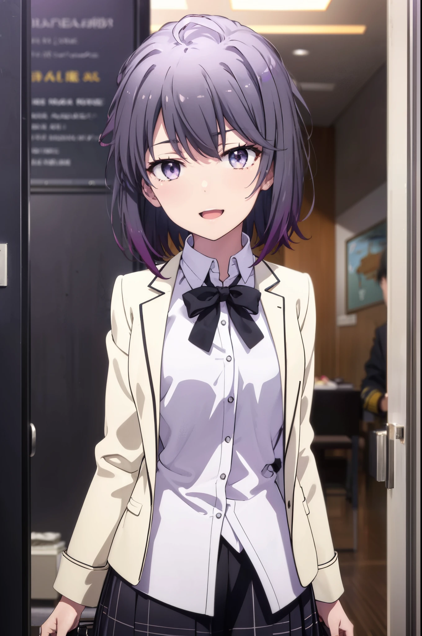 harunoyukinoshita, haruno yukinoshita, short hair, Hair between the eyes, (Iris:1.5), Black Hair, Gradient Hair, Two-tone hair, Purple Hair, happy smile, smile, Open your mouth,
break skirt, shirt, ribbon, , Jacket, white shirt, Open clothes, open Jacket, black Jacket, Plaid, Black pantyhose, Plaid skirt, blazer,Brown loafers, whole bodyがイラストに入るように,
break looking at viewer,whole body,　　　　　　　　　　　
break indoors,School,corridor,　　　　　　　　　　　break (masterpiece:1.2), highest quality, High resolution, unity 8k wallpaper, (figure:0.8), (Beautiful fine details:1.6), Highly detailed face, Perfect lighting, Highly detailed CG, (Perfect hands, Perfect Anatomy),