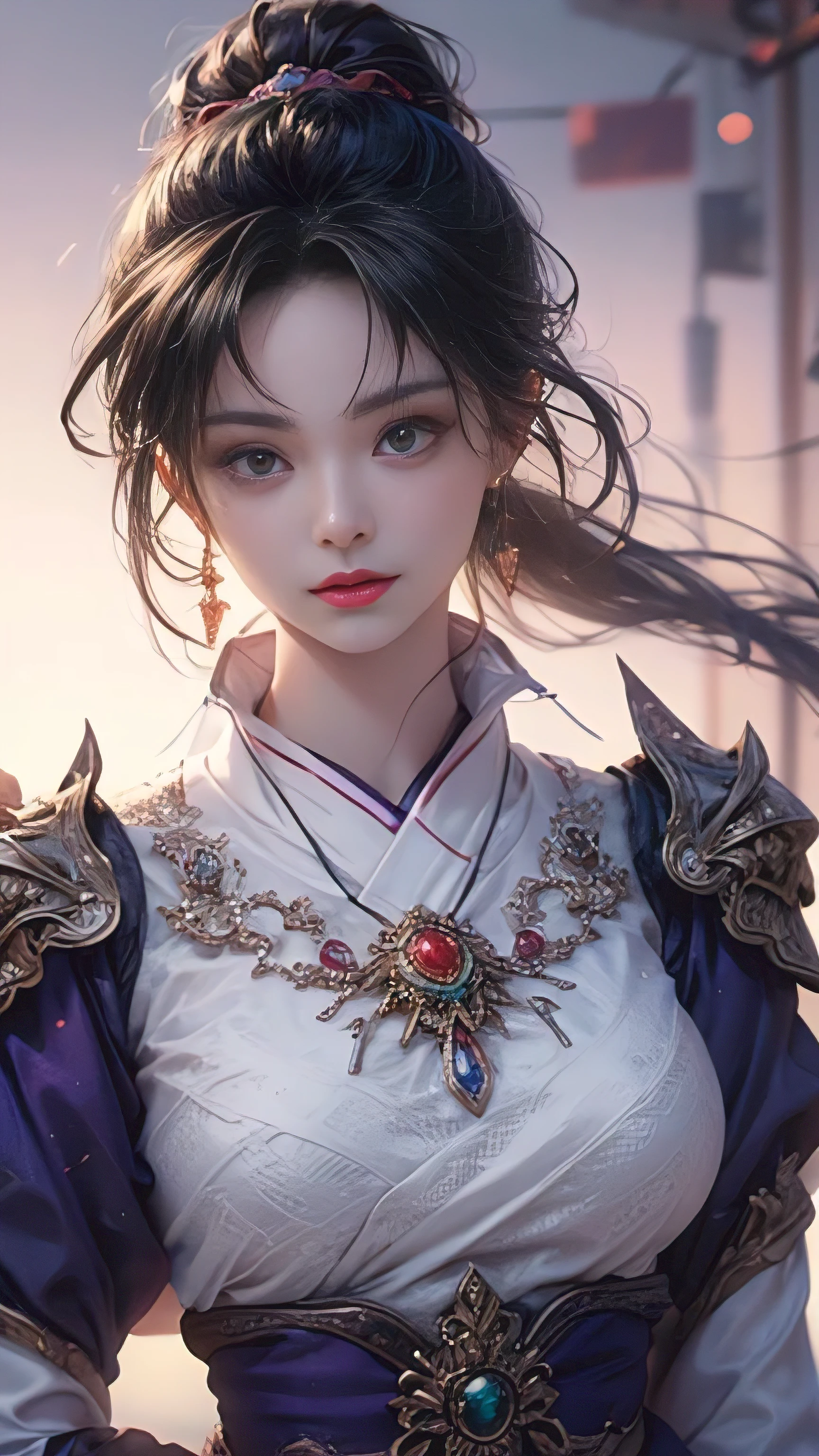 1 Beautiful girl in Hanfu, ((Rich white and purple silk shirt)), White lace top, Purple platinum ponytail long hair, Jewelry, earring, Necklaces and necklaces, Carefully drawn large purple eyes, Be careful with your makeup, Thin eyebrows, high nose, Beautiful red lips, No smile, Pursed lips, Red face, Broad chest, Large Breasts, Chest proportion, Slim waist, Purple fishnet socks, Chinese Hanfu style, Fictional art texture, Bright and lifelike colors, original photo, Realistic photos, Ultra-high quality 8K hyper-realistic photos, (Effective fantasy lighting effects: 1.8), 10x pixel, magical effect (background): 1.8), Ultra-fine eyes, Girl full body portrait , Chinese royal background, Dynamic poses