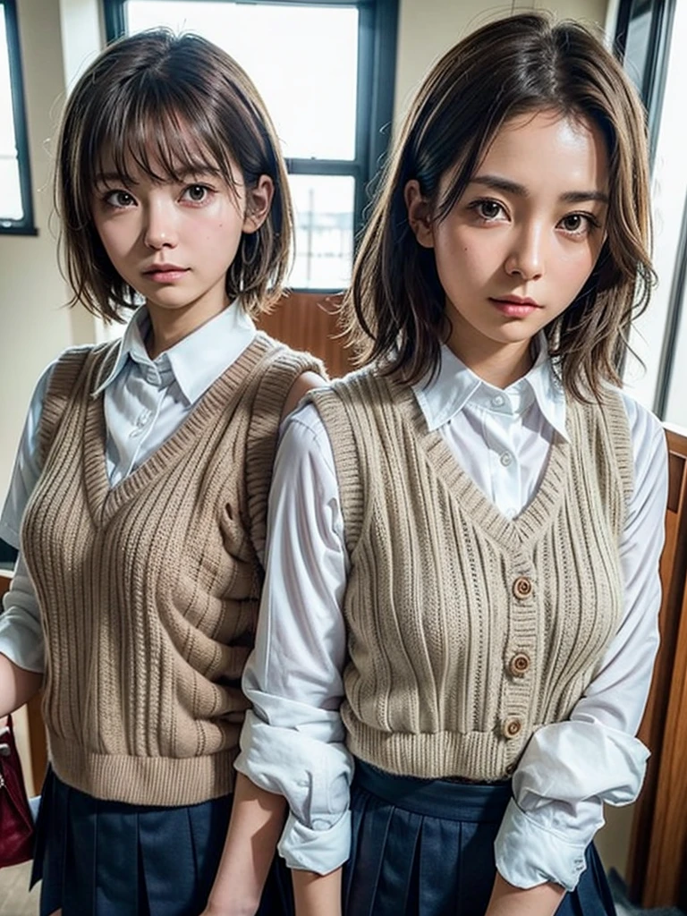 Masterpiece, Top Quality, Top Mikoto, brown eyes, short hair, small breasts, looking at viewer, alone, closed mouth, collared shirt, beige knit vest, dark blue Skirt, school_uniform, shirt, white_shirt, classroom,Masterpiece, highest quality, 8K, detailed skin texture, fine cloth texture, beautiful detailed face, intricate details, super detailed,cute,cute posing,composition that shows the whole body,