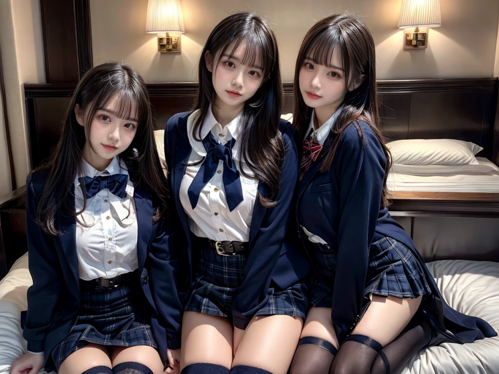 (8K, Raw photography, top-quality, ​masterpiece:1.2), master piece, best quality, illustration, Super detailed, fine details, High resolution, 8K,wall paper, perfect dynamic composition,(Details High quality, realistic depiction of eyes:1.3), ((2 girls, 2 girls)), The background is a luxury hotel room、High school girl uniform、blazer 、Super Short Check Uniform Skirt、Navy blue high socks、garterbelts、Colossal tits、Disturbed uniform, Play with each other,Touching each other's bodies,Touching the body of the girl next door, short bob hair, black hair color, huge breasts, Big Natural Color Lip, bold sexy pose, (perfect body shape), crying a little、cold gaze,  Beautiful makeup,glitter makeup,Cutest 18 years old, beautiful legs, hposing Gravure Idol, Voluptuous thighs