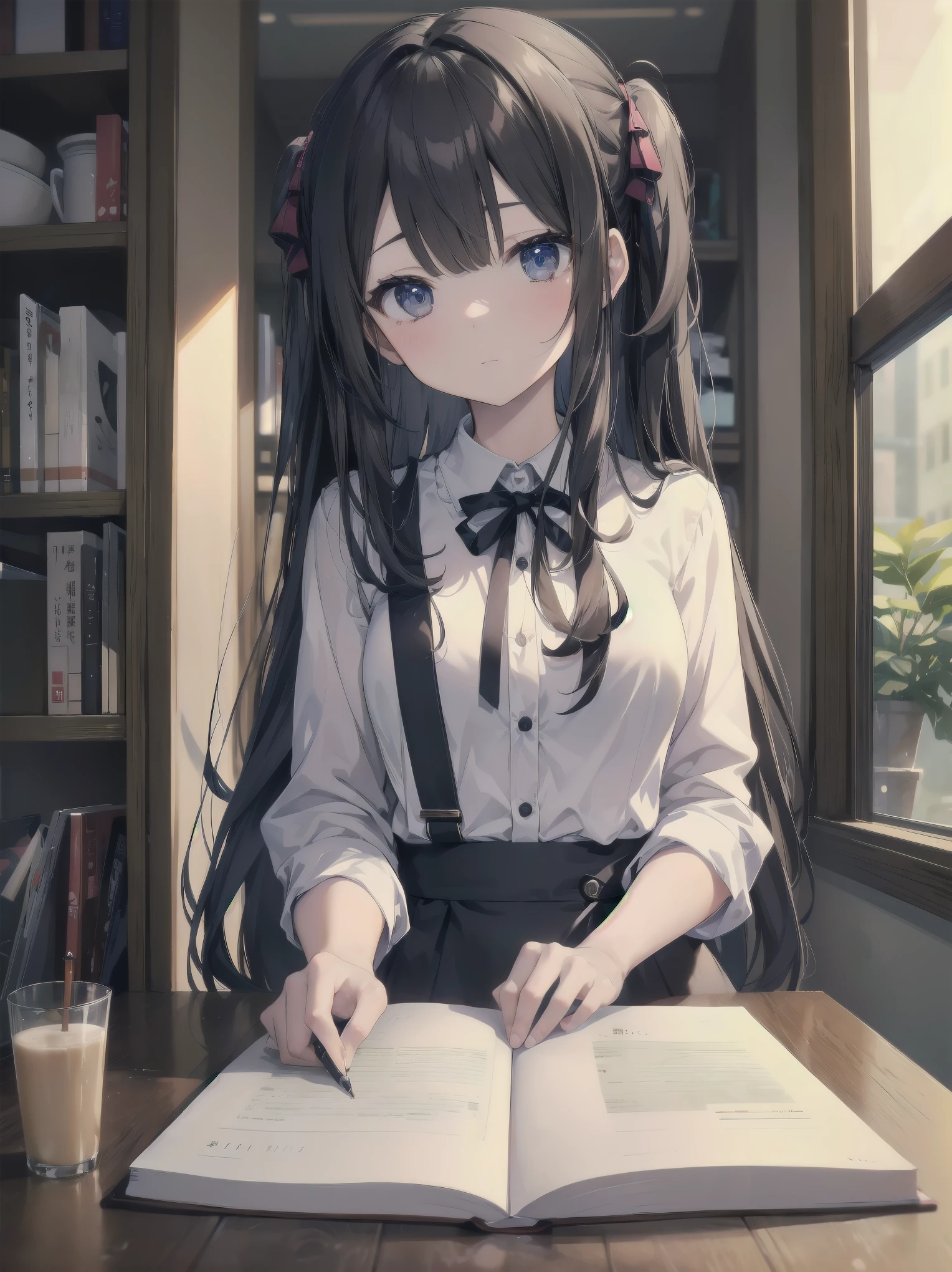 subtitle:{{Cafe}} {{Private Server}} {{Write in a note}}
町の小さなCafeで、美少女・紗織はPrivate Server姿でテーブルに座り、I was writing something in my notebook。Cafeの窓から差し込む柔らかな光が彼女の横顔を照らし、It highlights her concentrated expression.。Before her、There are maps and reference books spread out on the floor.。「The mystery will soon be solved。」Saori muttered.、Put pen to notebook。The smartphone in her hand vibrated for a moment.、A message was displayed。「We don't have time。Extra-legal measures must be taken。」I decided to、Saori closed her notebook and stood up.。