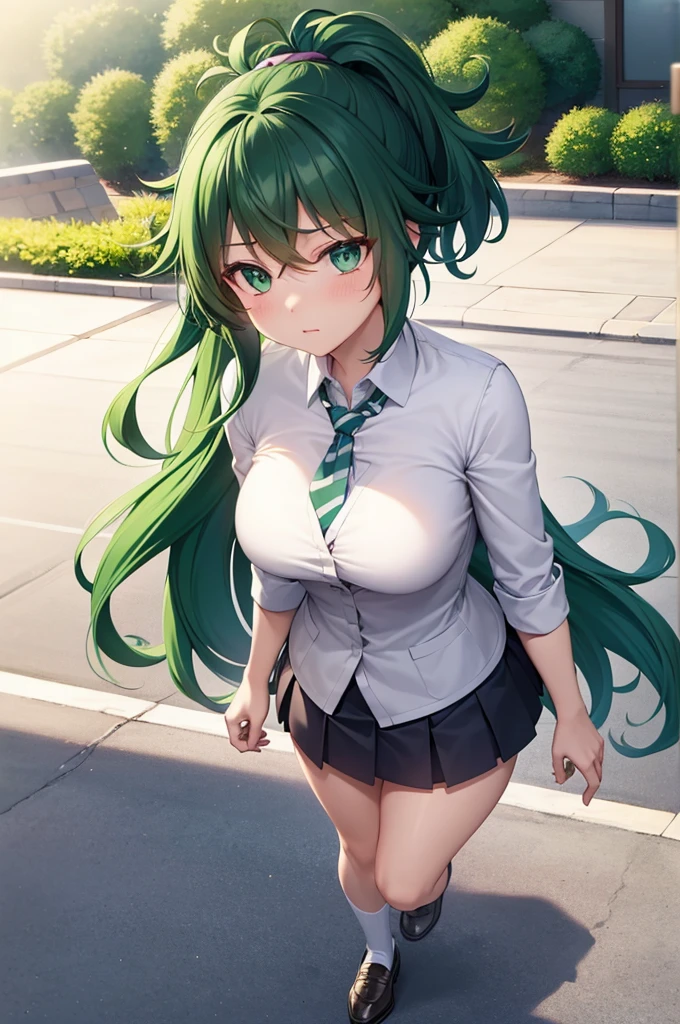 Generate an image depicting Izuku Midoriya transformed into a female version. medium sized breast, breast 34d, cute, hot, Ensure that her beautiful green eyes and short green hair are prominently featured. Focus on her feminine body, emphasizing her great curves and overall physique. She should be wearing Izuku Midoriya's female UA High , which consists of a fitted grey blazer with green trim, tailored to perfection to hug her frame gracefully while allowing freedom of movement. Beneath the blazer, a pristine white blouse adds a touch of purity, with a crisp collar framing her face. Around her neck, a meticulously tied green and black striped necktie reflects her attention to detail and determination. The pleated green skirt falls just above the knee, swaying gently with each step, its vibrant hue mirroring the lush greenery of the hero academy grounds. Completing the ensemble are knee-high socks, snugly hugging her calves for warmth and support, paired with sleek black loafers offering both style and functionality. A green ribbon is woven into her hair, a splash of color amidst the darkness, with her hair styled in a short bob with soft waves. This image should capture Izuku Midoriya's feminine yet powerful presence, ready to take on any challenge as she trains to become the hero she is destined to be. Ensure the image is of high quality, preferably 8k resolution, with highly detailed and beautiful rendering.