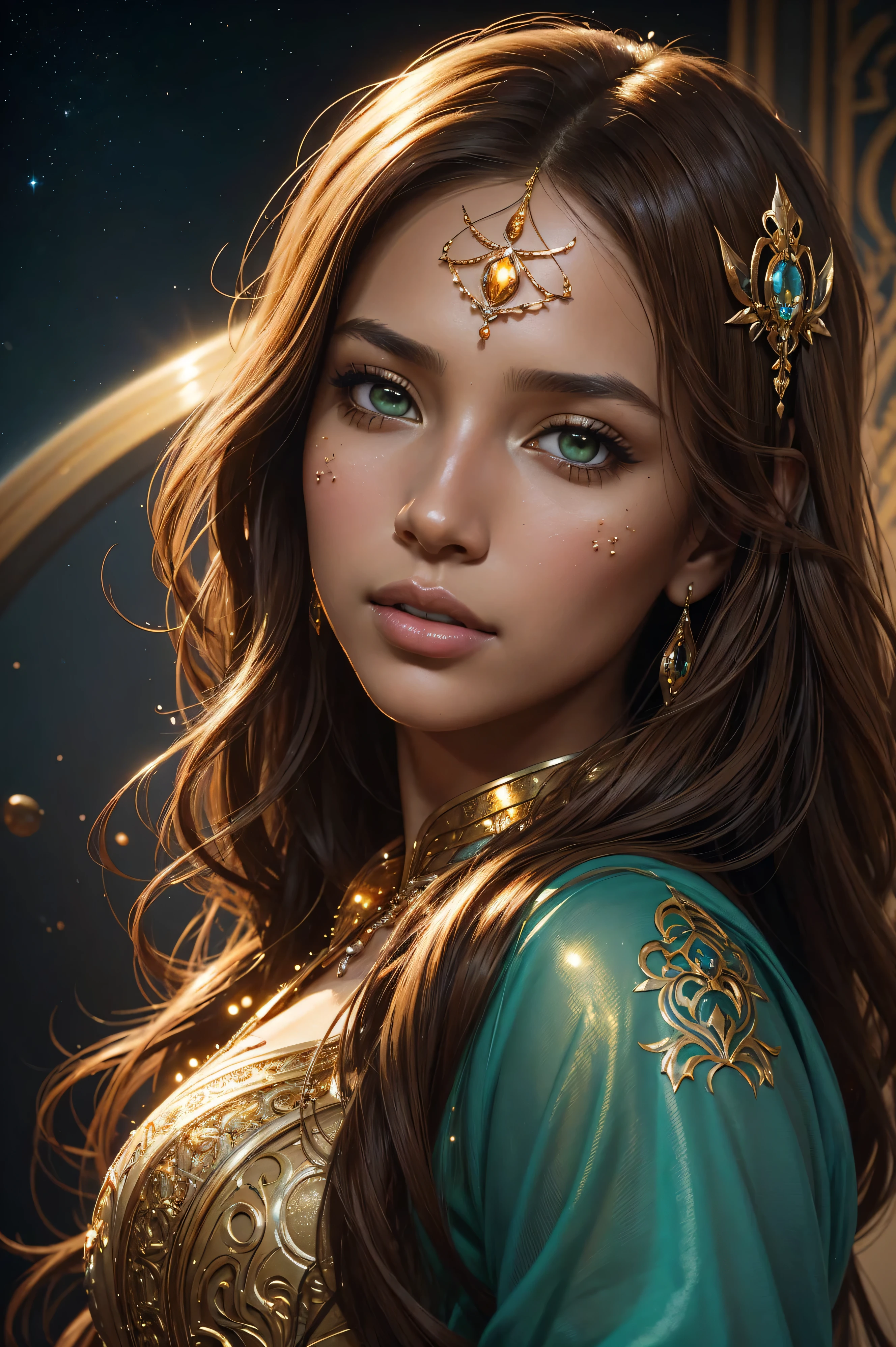Beautiful portrait of Leona Lewis an attractive inidan princess, beautiful princess, round shaped face, glowing glass skin, sparkling hazel green eyes, highlighted chestnut brown long straight hair, adorned in intricate golden jewelry, confident half smile, face painting, dramatic lighting, intricate, wild, exotic beauty, highly detailed, digital painting, artstation, concept art, smooth, sharp focus, illustration, art by artgerm and greg rutkowski and alphonse mucha, footage from space camera
