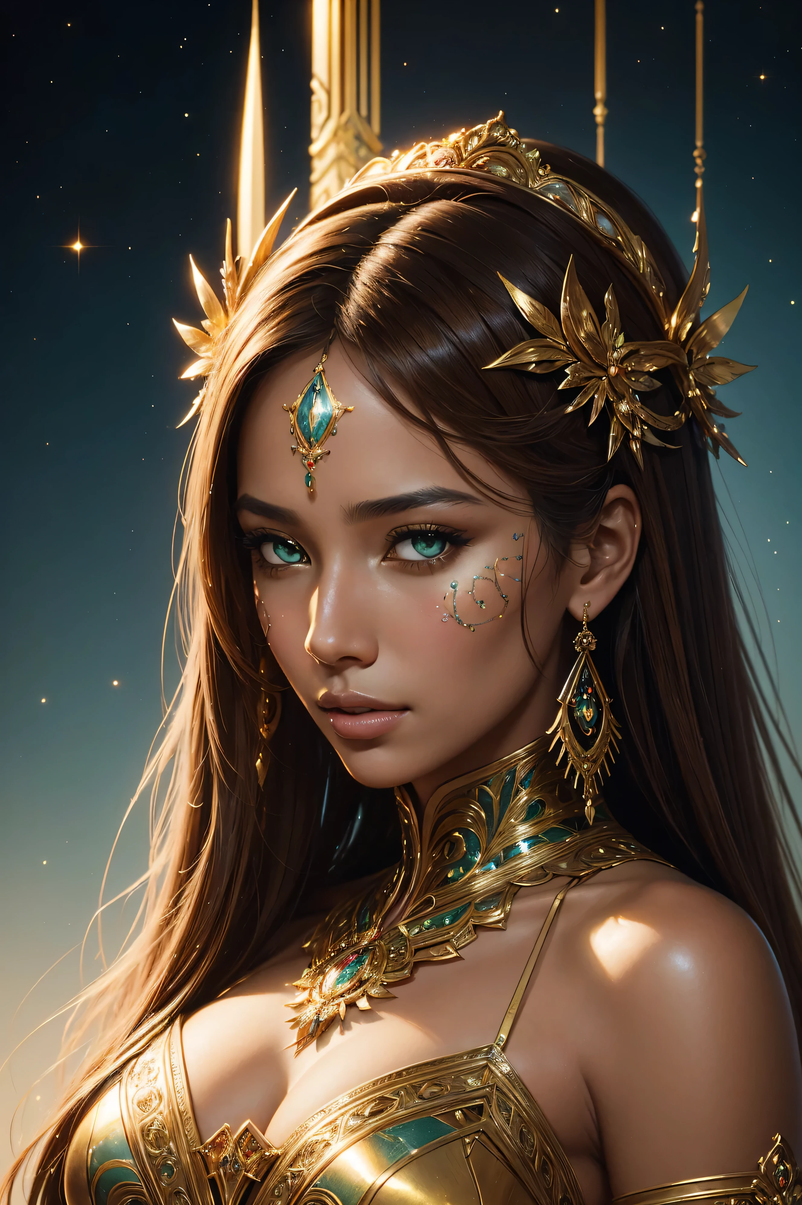 Beautiful portrait of Leona Lewis an attractive inidan princess, beautiful princess, round shaped face, glowing glass skin, sparkling hazel green eyes, highlighted chestnut brown long straight hair, adorned in intricate golden jewelry, confident half smile, face painting, dramatic lighting, intricate, wild, exotic beauty, highly detailed, digital painting, artstation, concept art, smooth, sharp focus, illustration, art by artgerm and greg rutkowski and alphonse mucha, footage from space camera