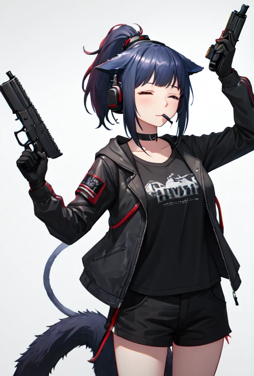 highest quality, masterpiece, High resolution, alone, (Jessica_Arknights:1.10), One girl, Pistol, Possession of a gun, Long sleeve, Open jacket, Black gloves, Black Shirt, View Viewer, Black shorts, headset, Mouth closed, Cowboy Shot, Grey jacket, Food, Simple Background, Black jacket, White Background, choker, Ear protection, 1 