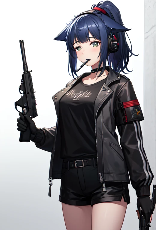 highest quality, masterpiece, High resolution, alone, (Jessica_Arknights:1.10), One girl, Pistol, Possession of a gun, Long sleeve, Open jacket, Black gloves, Black Shirt, View Viewer, Black shorts, headset, Mouth closed, Cowboy Shot, Grey jacket, Food, Simple Background, Black jacket, White Background, choker, Ear protection, 1 